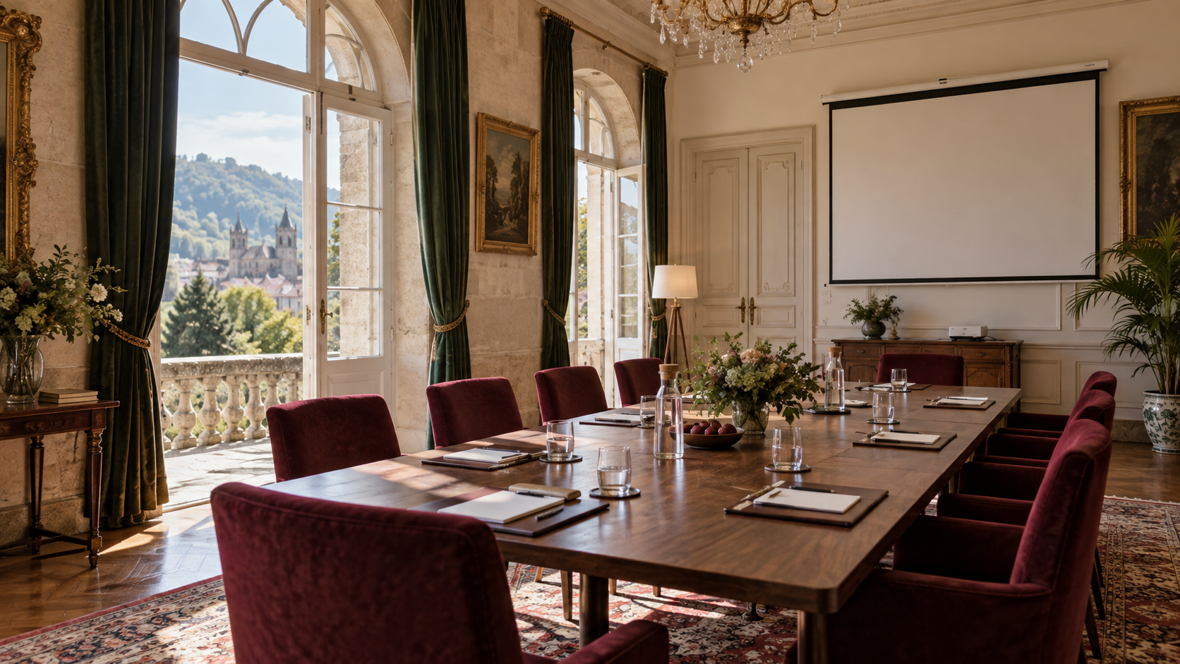Sala preparada para un seminario residencial en un palacete histórico