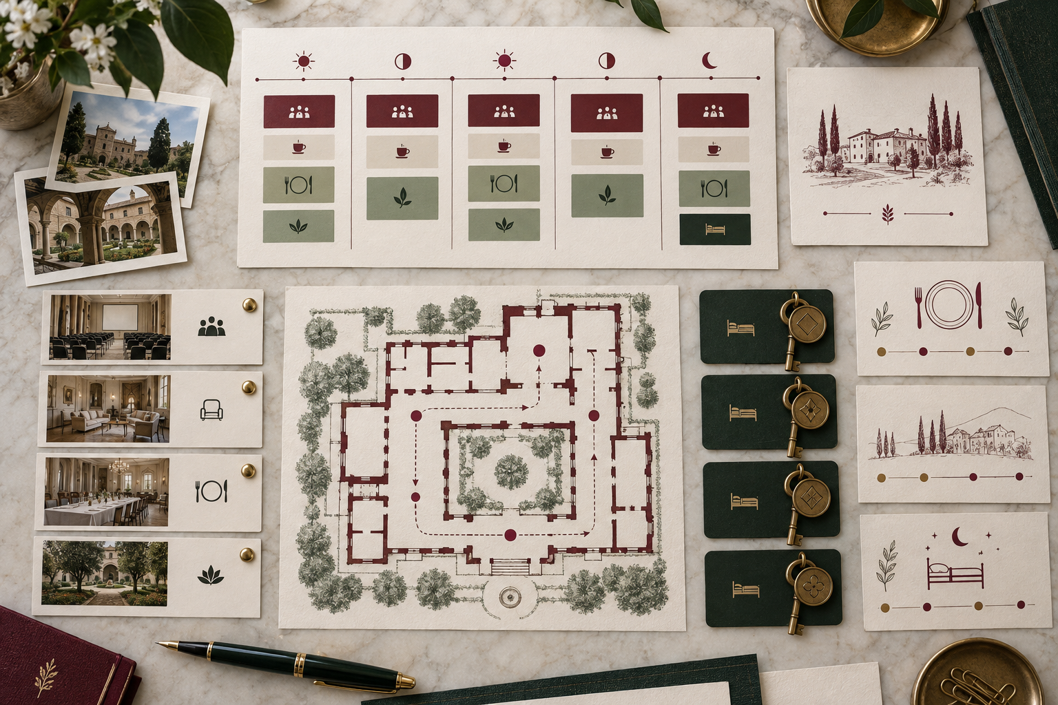 Esquema visual de un seminario residencial con sesiones, comidas y descanso