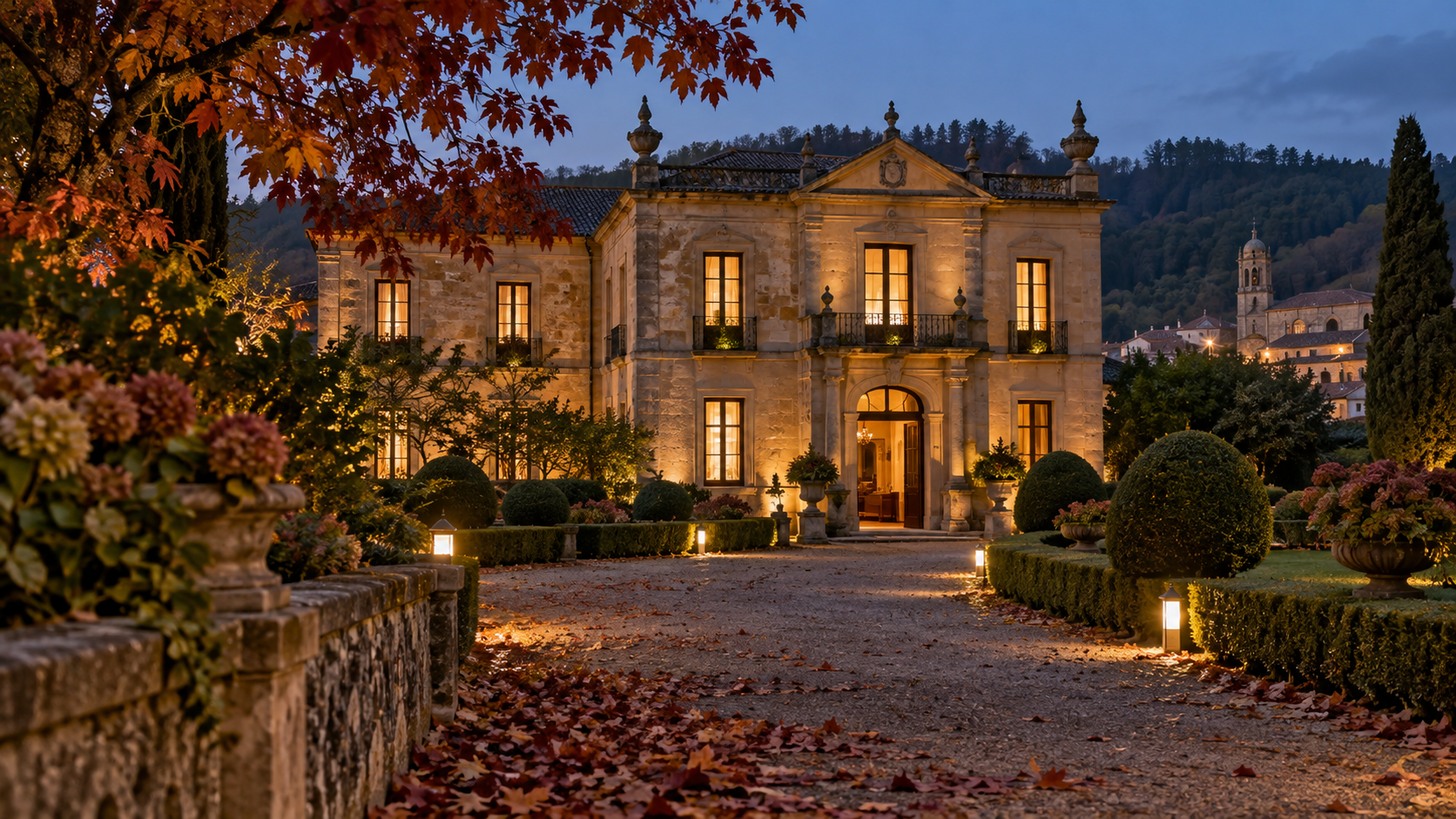 Palacete histórico iluminado al anochecer para una noche de conciertos de otoño