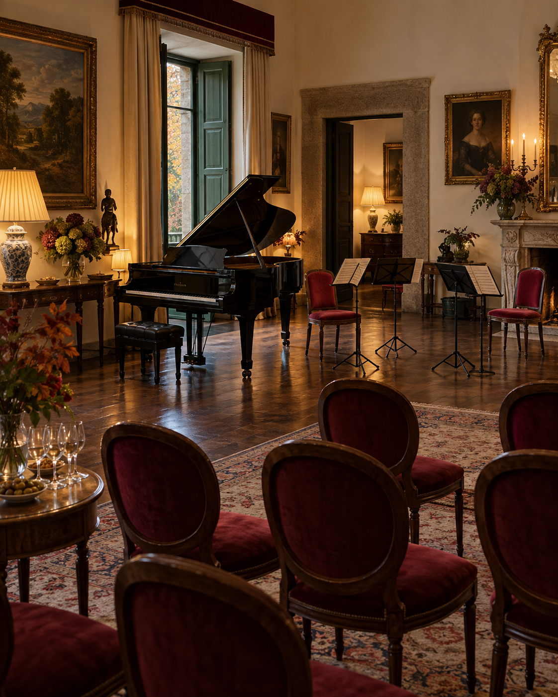Salón preparado para un concierto íntimo con piano y sillas borgoña