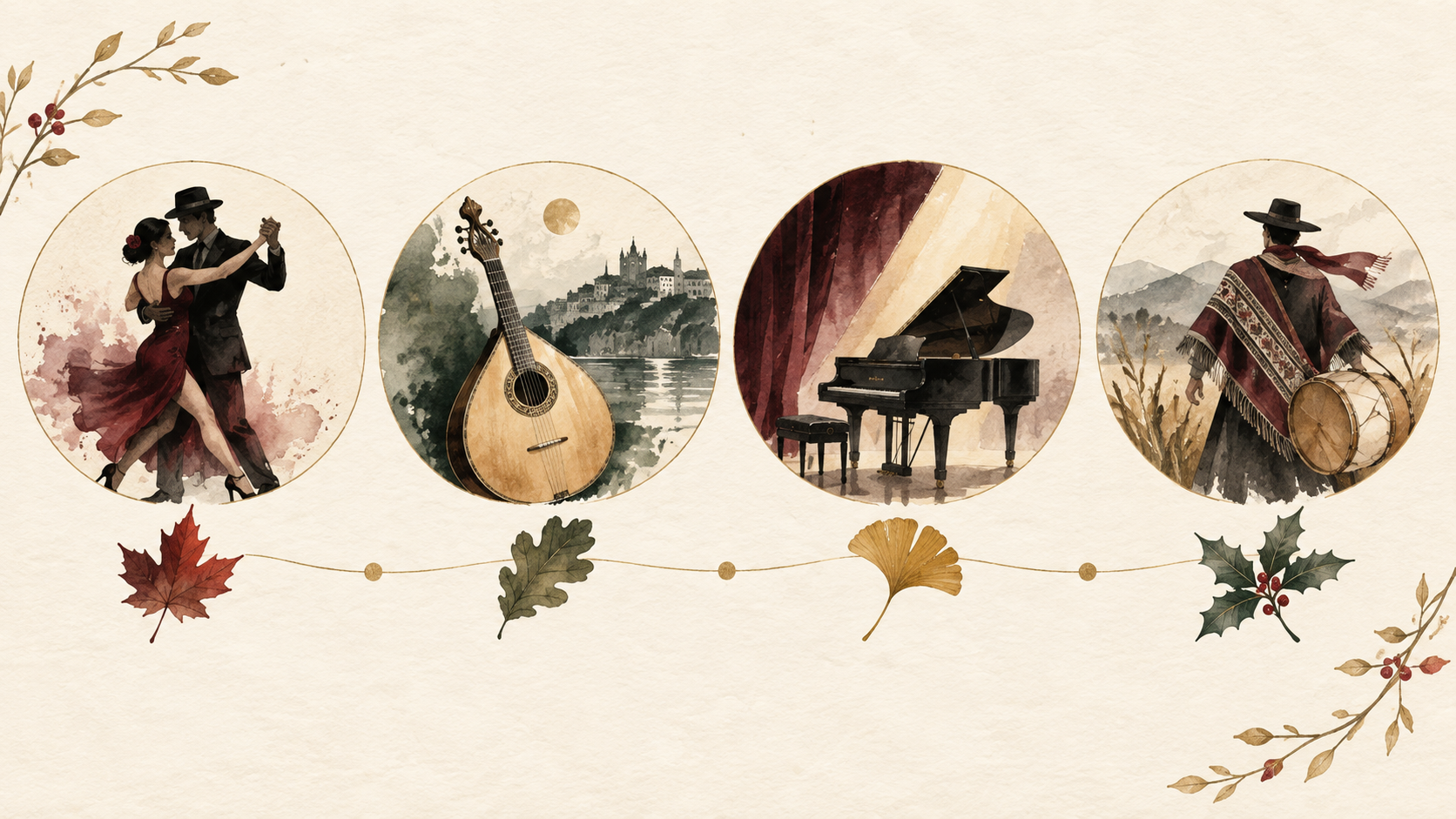 Esquema visual de cuatro estilos musicales para otoño