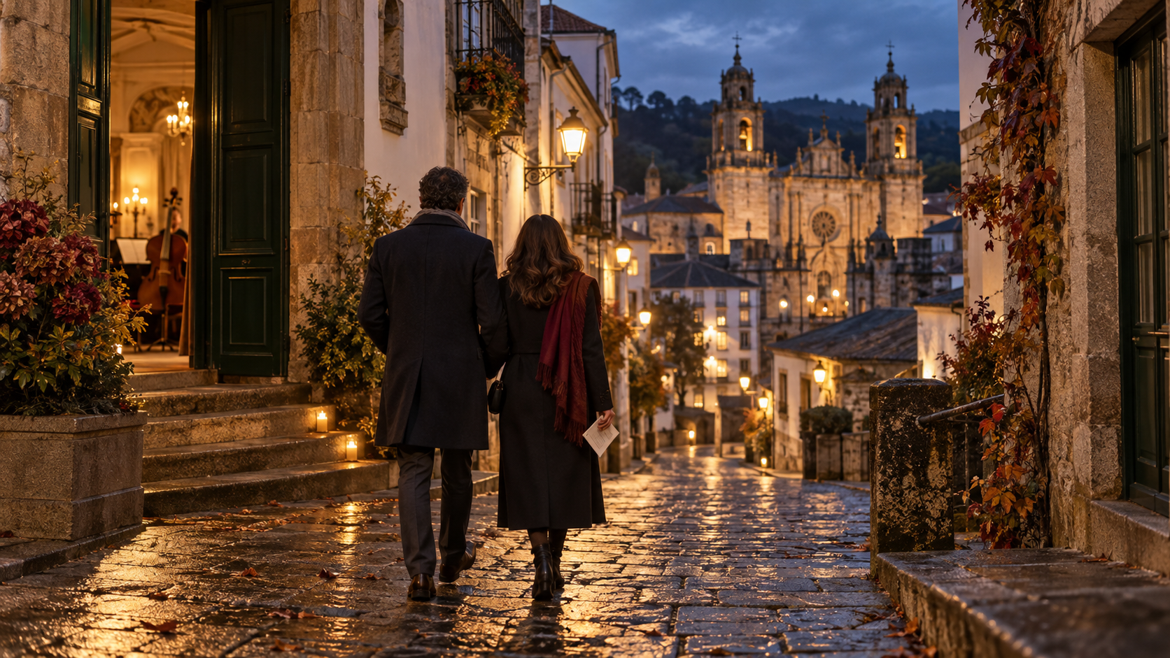 Calle histórica de Mondoñedo al anochecer después de un concierto