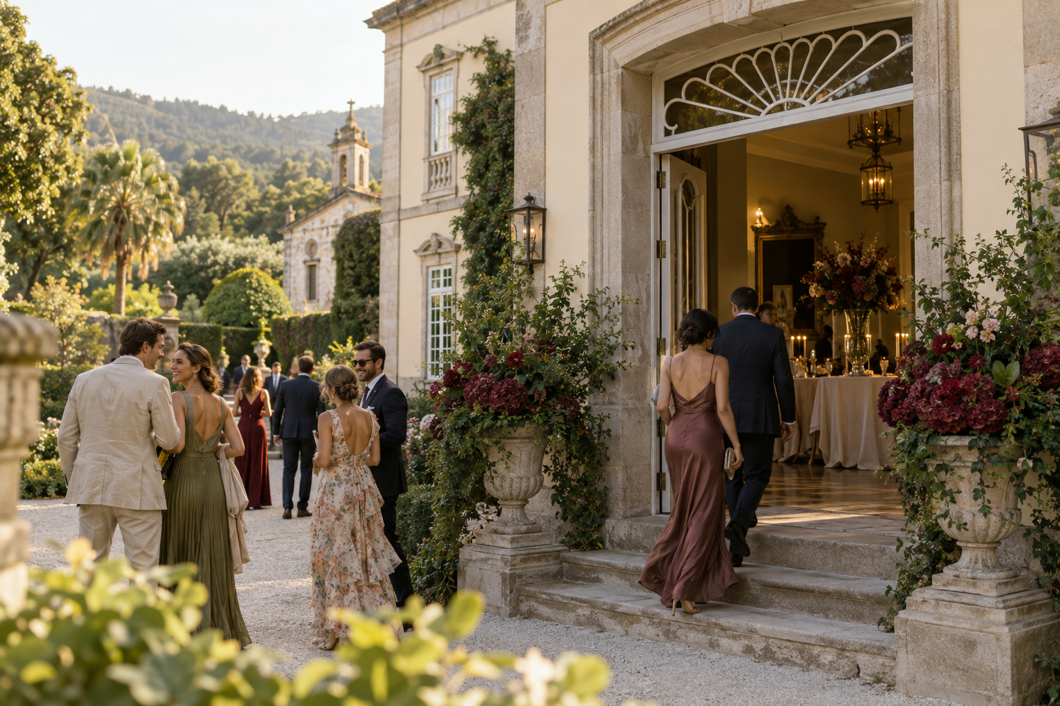 Invitados internacionales llegando a una boda en un palacio histórico de Galicia