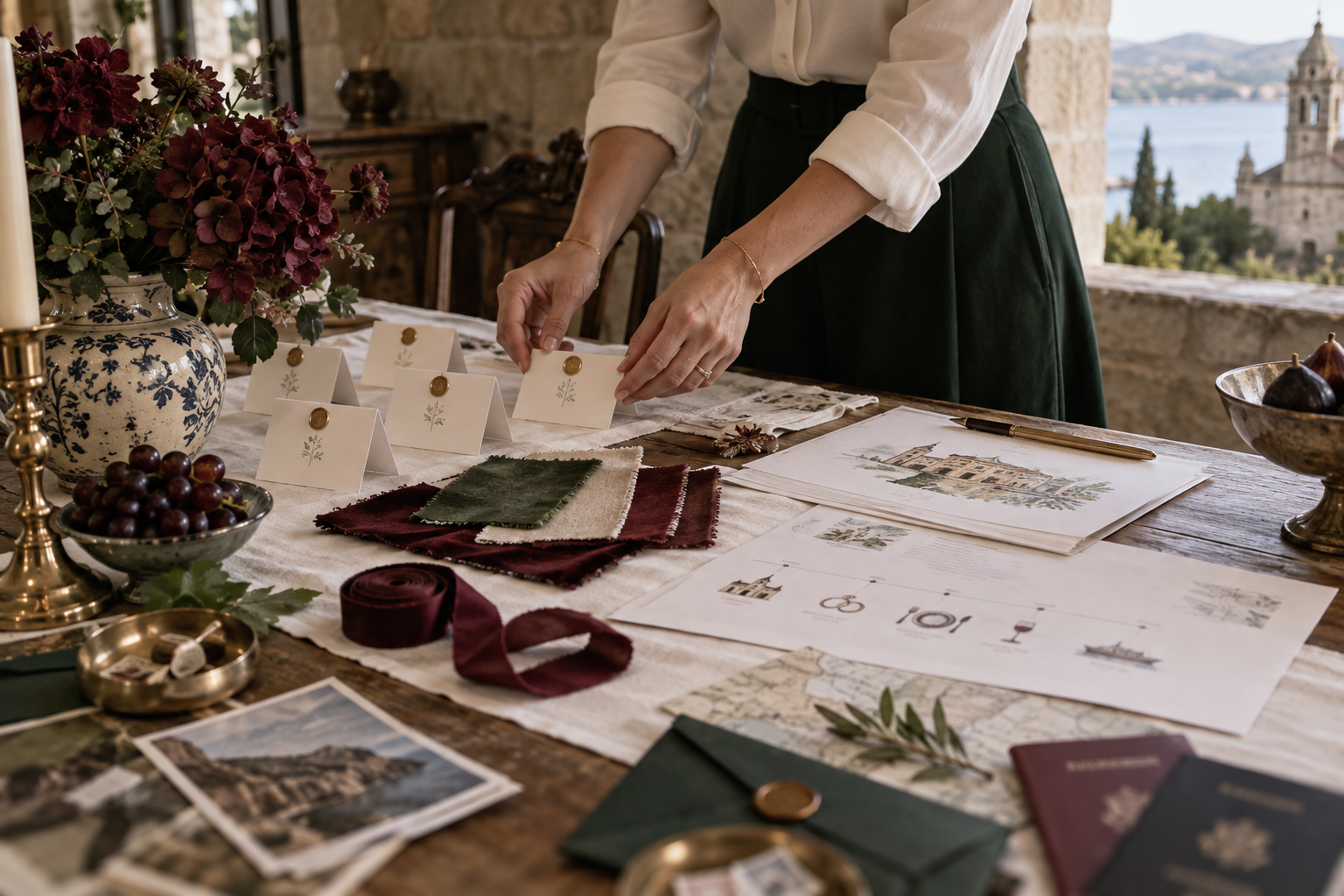 Mesa de planificación con tarjetas, telas y detalles para una boda internacional