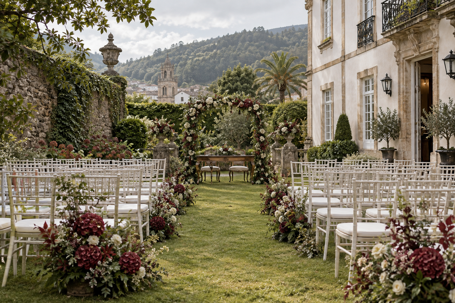 Jardín preparado para una ceremonia de boda en Galicia