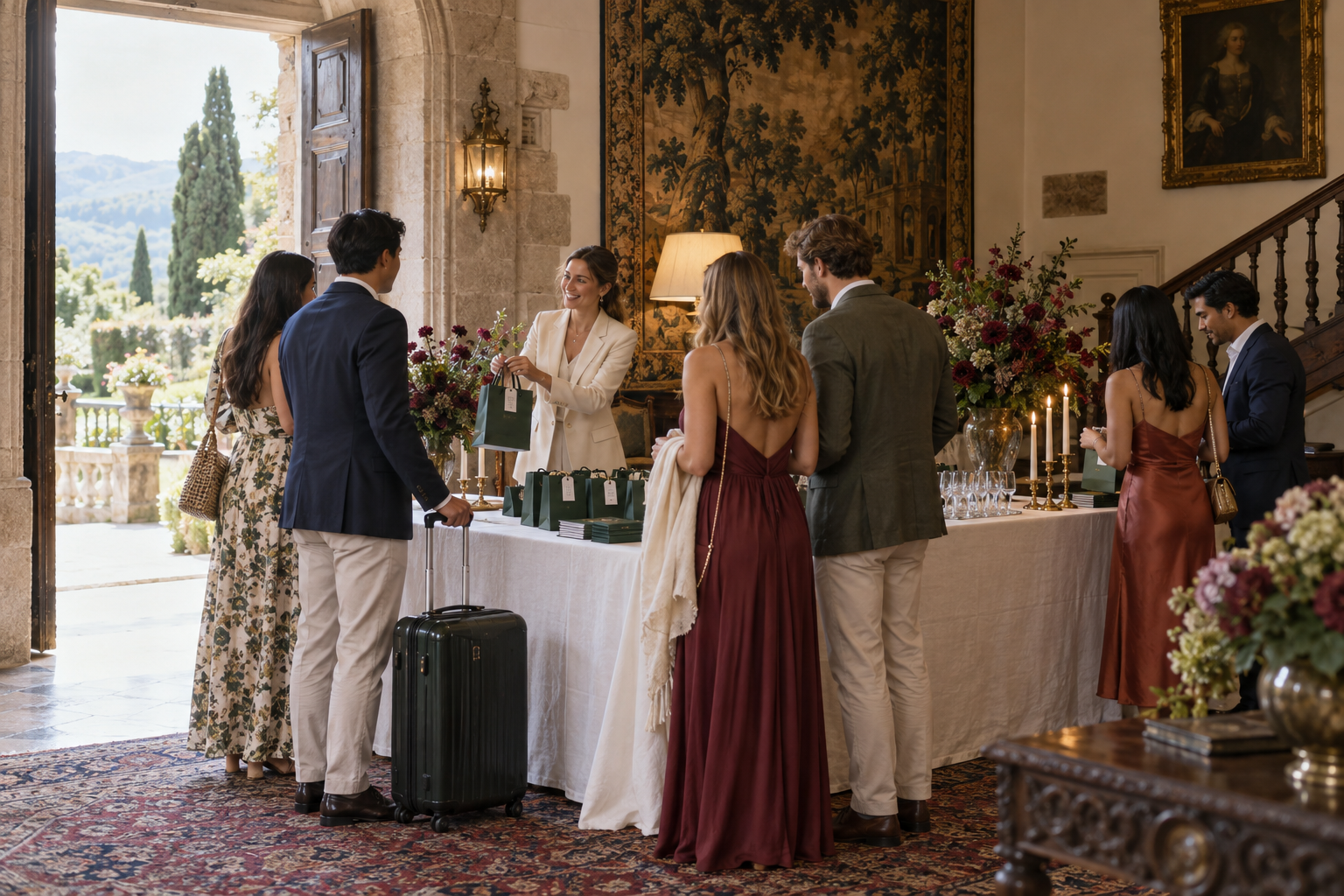 Invitados internacionales recibidos junto a una mesa de bienvenida en un palacio histórico