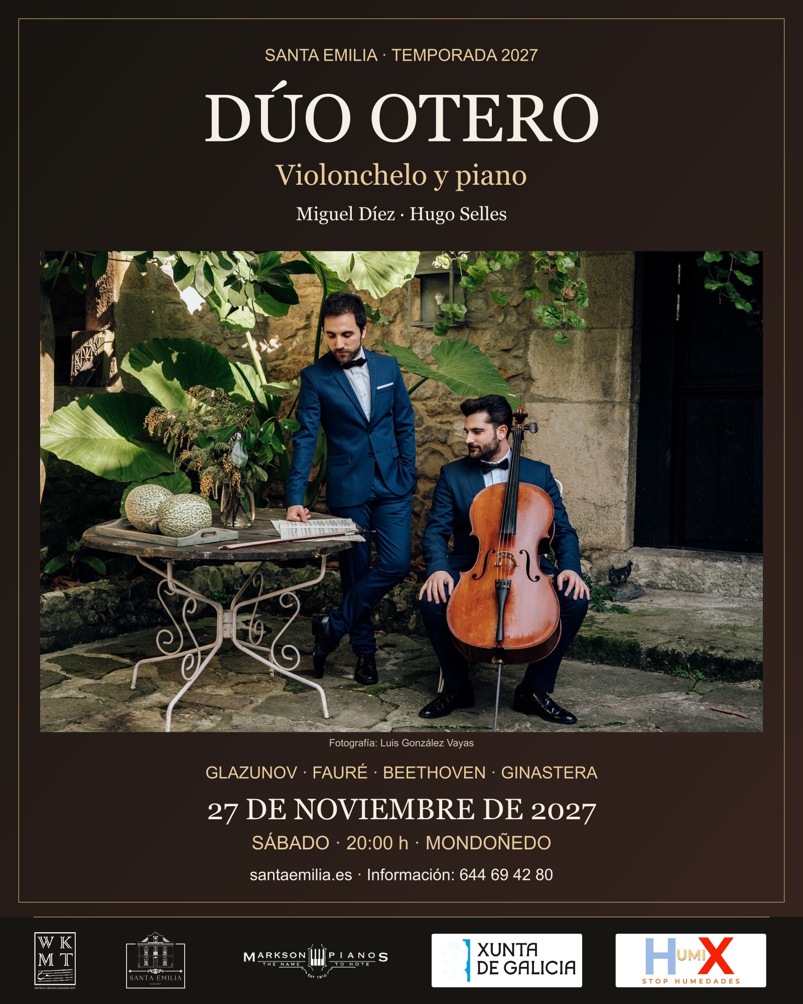 Dúo Otero: Miguel Díez, violonchelo, y Hugo Selles, piano. Santa Emilia, 27 de noviembre de 2027, 20:00 h.
