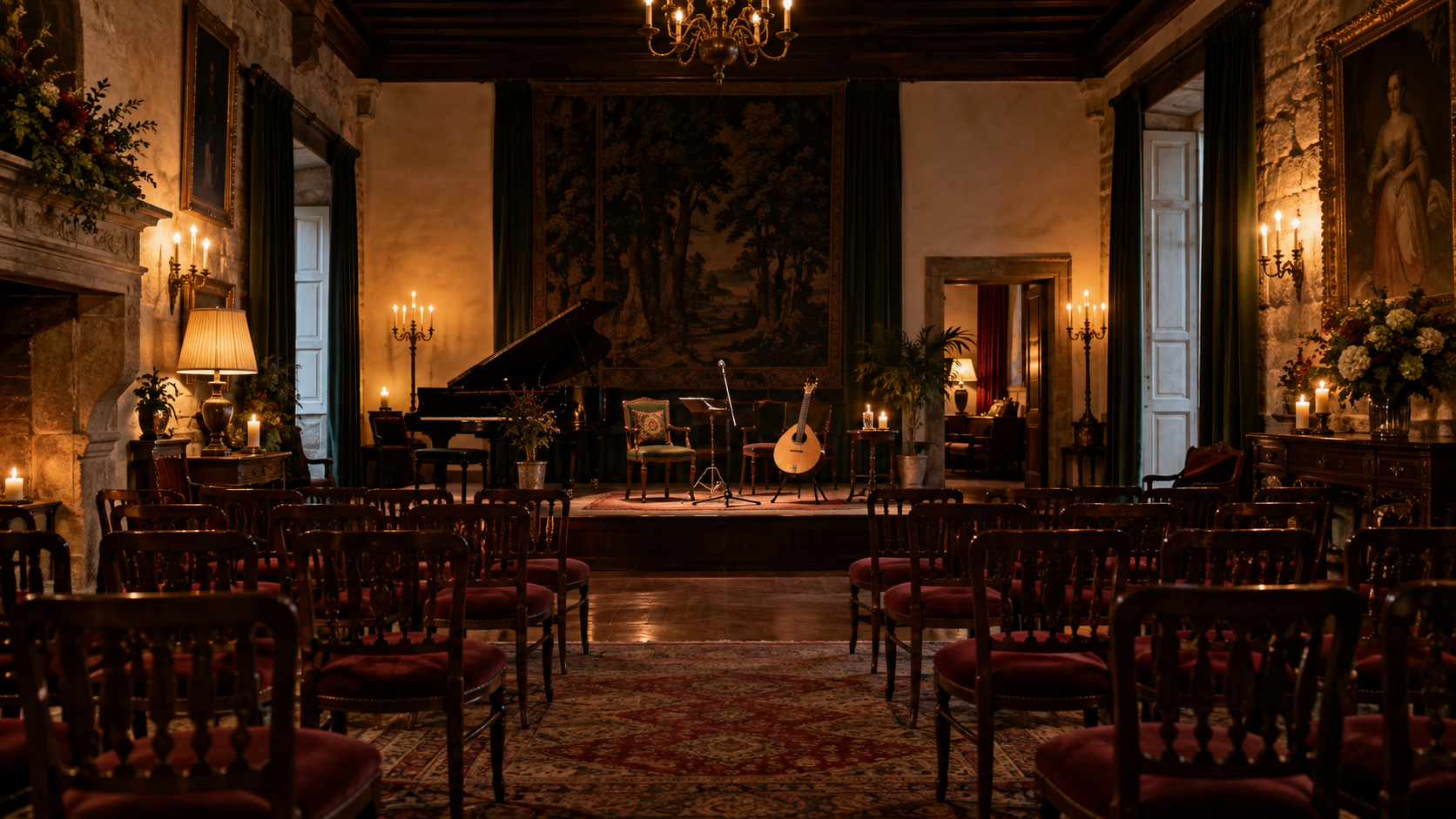 Salon historico preparado para una noche de fado en Santa Emilia
