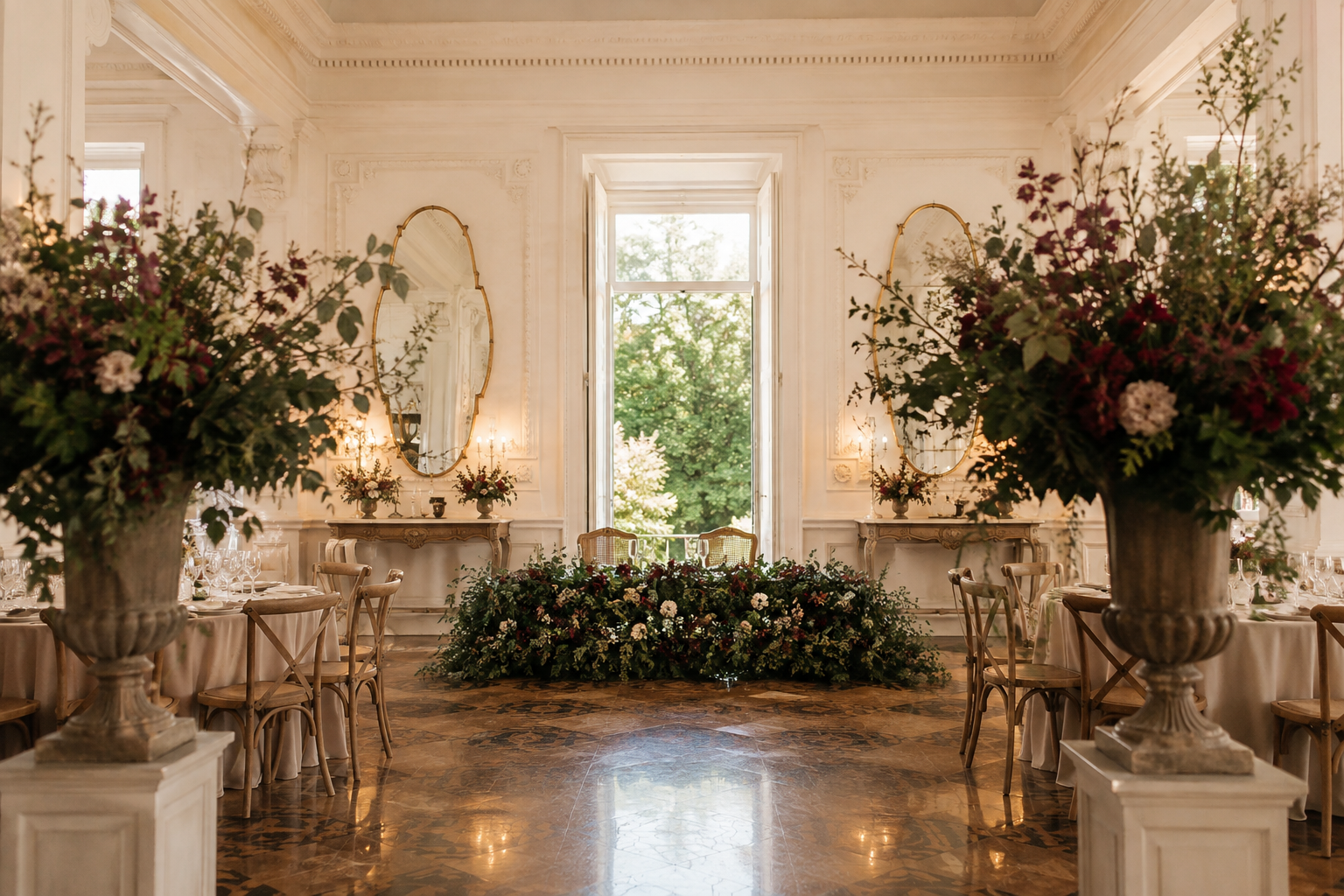 Salon historico con arreglos florales para una boda en Galicia