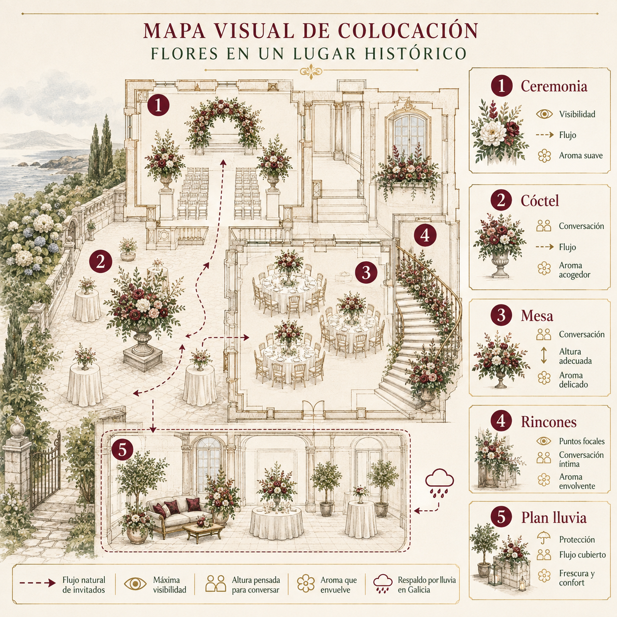 Mapa visual de colocacion floral en un lugar historico