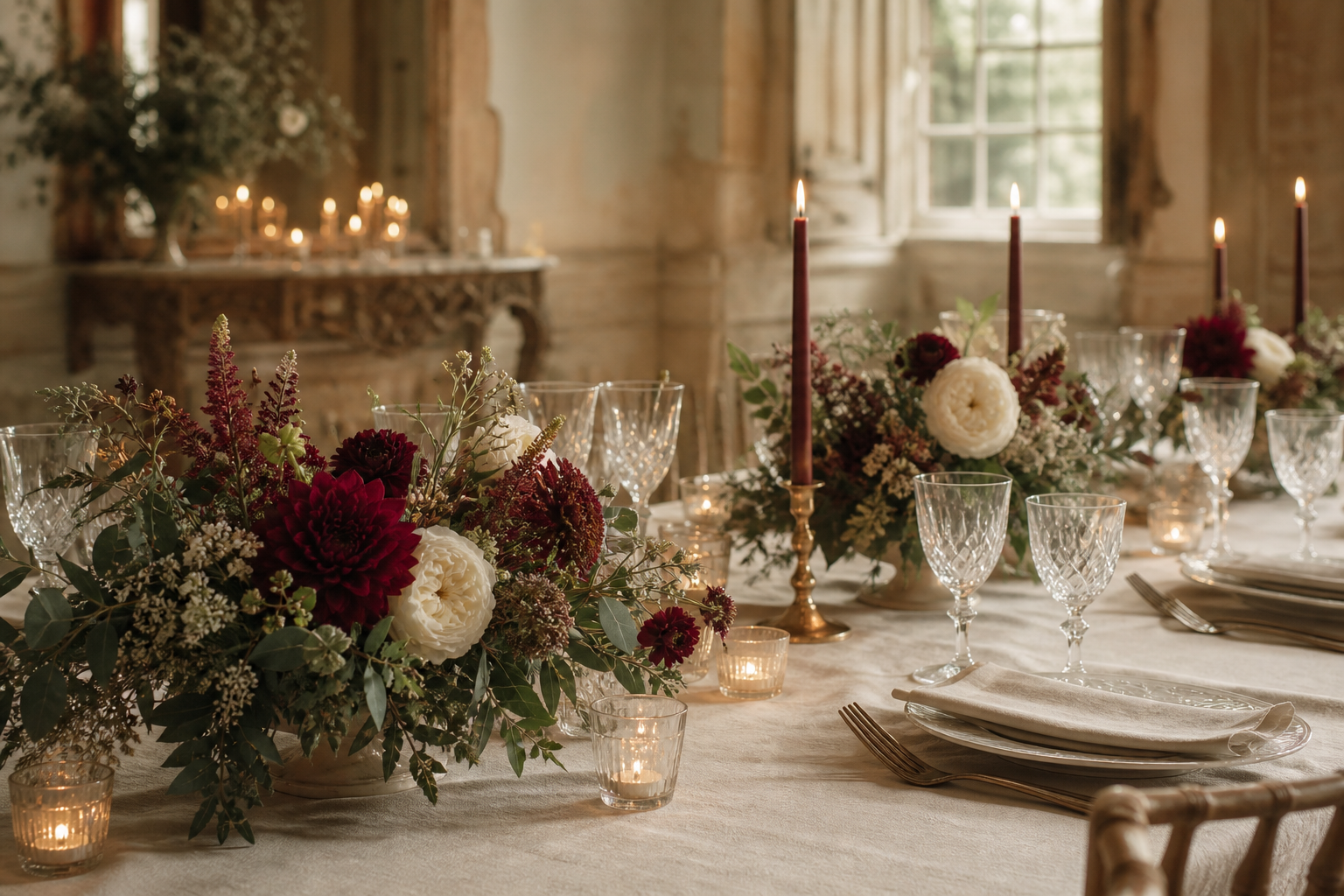 Mesa de boda con centros florales bajos y velas