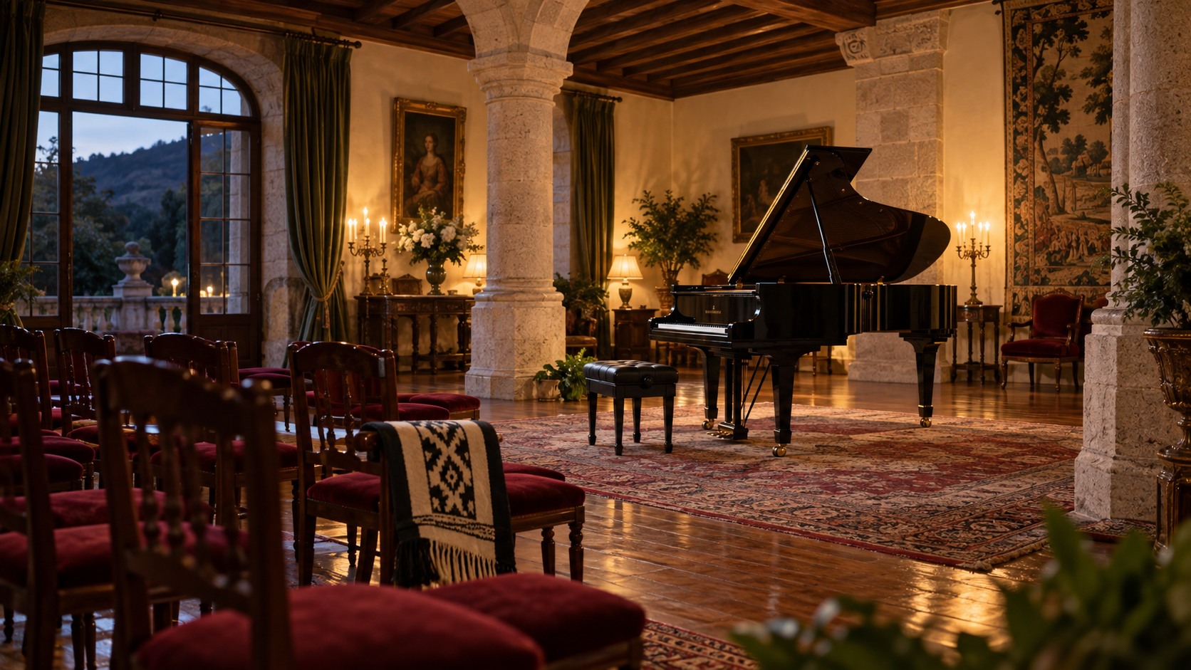 Piano preparado en un sal?n hist?rico para una noche de folklore argentino en Santa Emilia