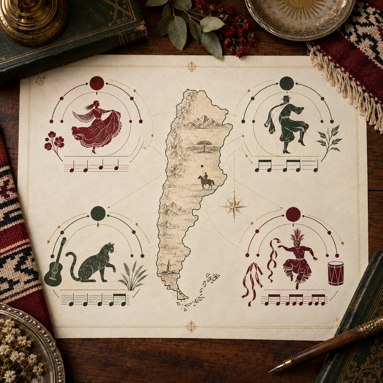 Mapa editorial que sugiere el viaje musical entre Argentina y Galicia