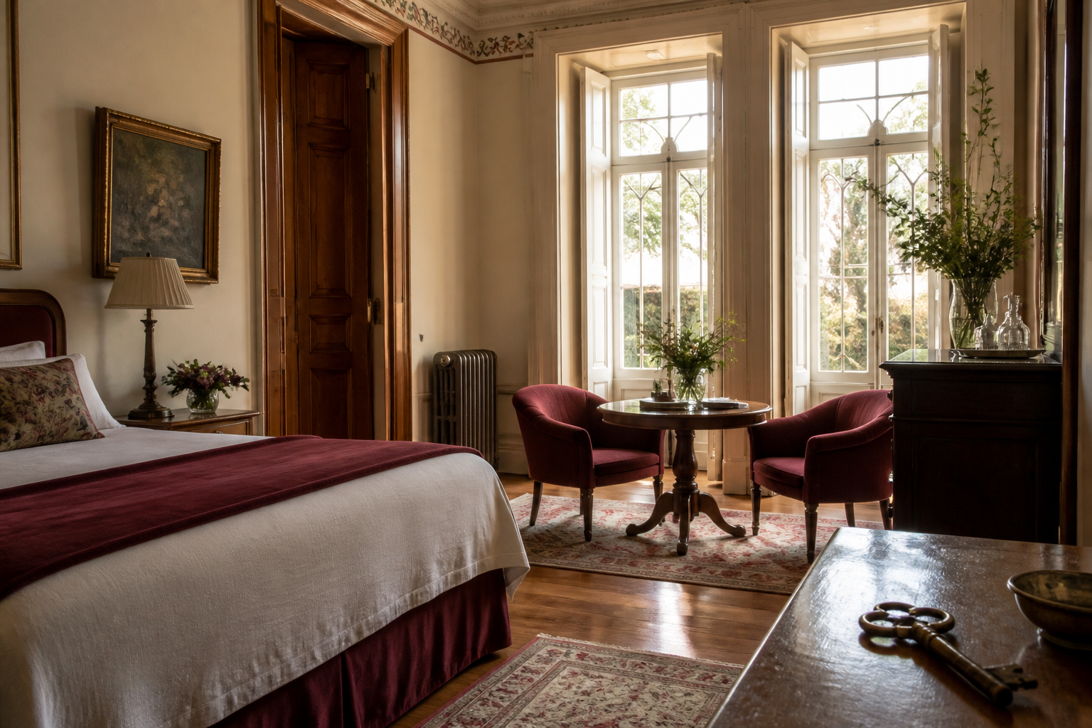 Habitacion historica con madera, textiles burdeos y luz natural en Galicia