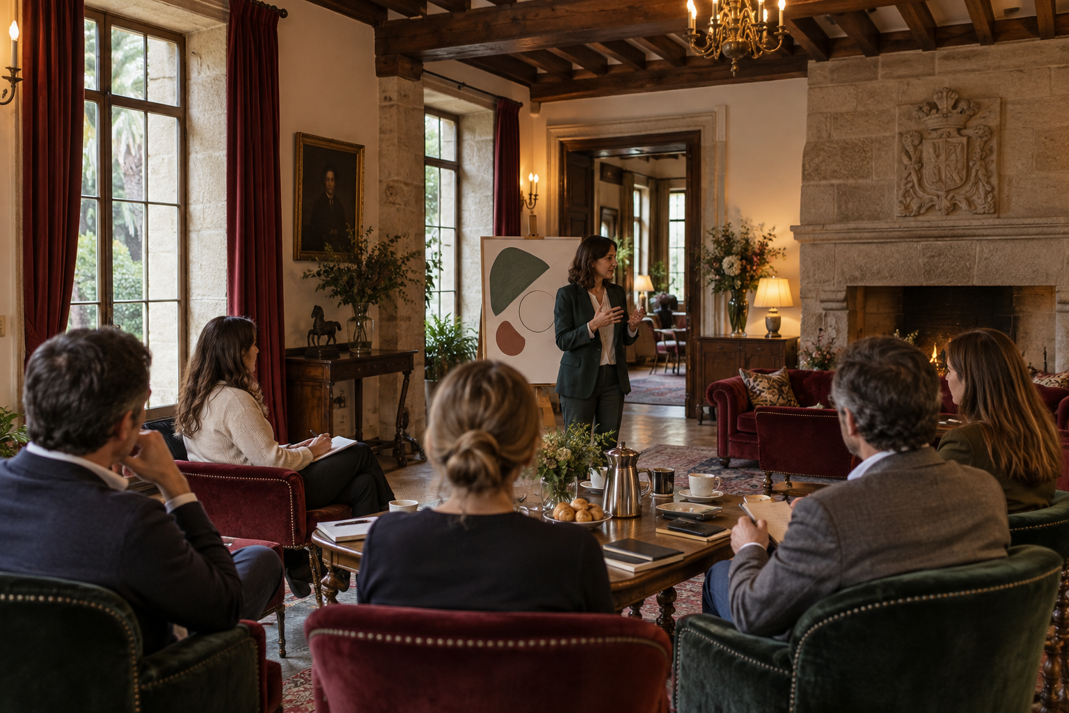 Sesión de trabajo en un salón histórico con asistentes escuchando