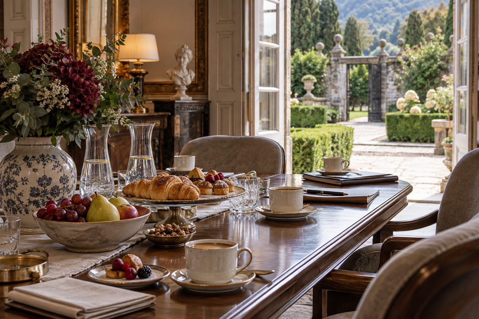 Mesa de café y hospitalidad junto al jardín en una jornada corporativa
