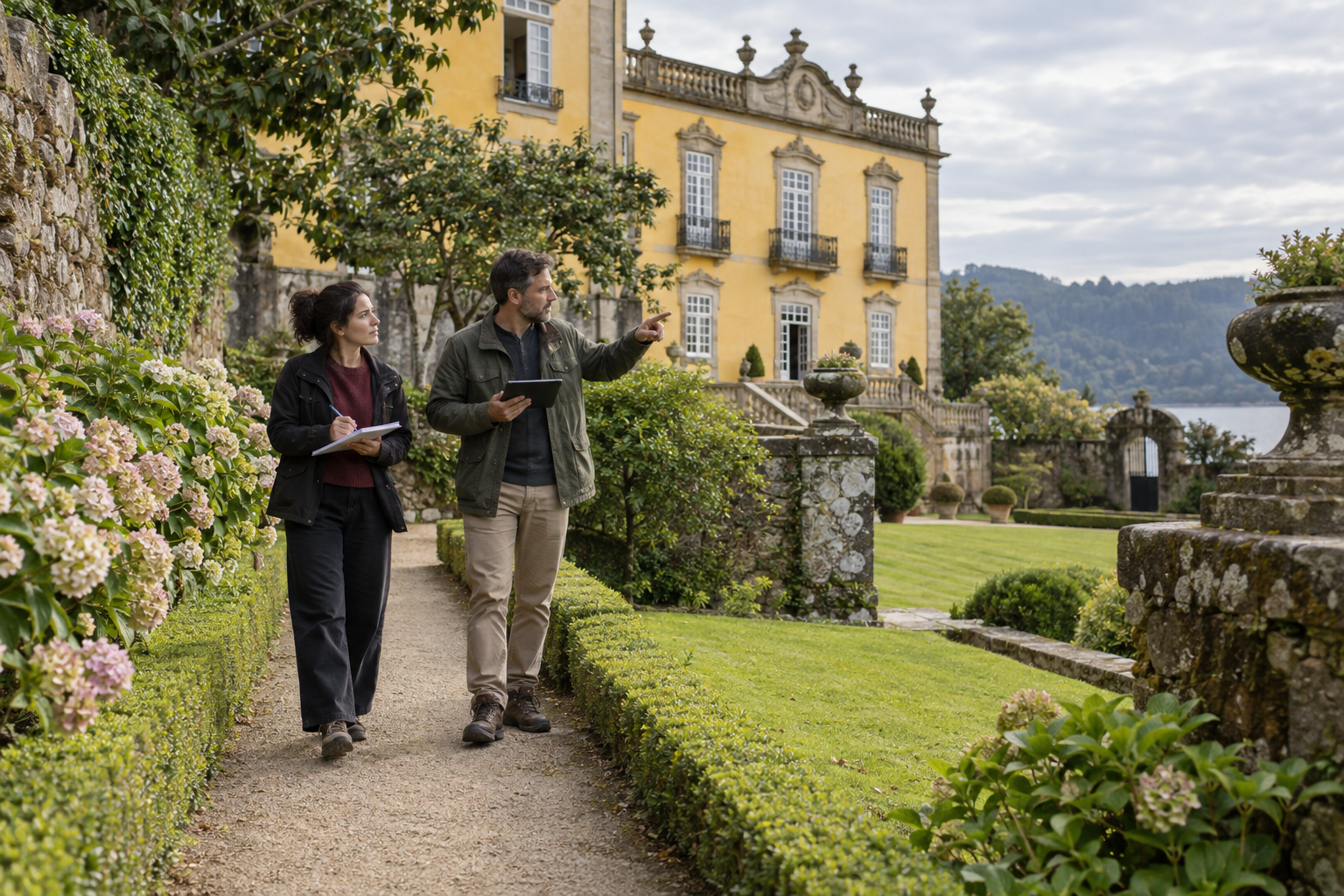 Productores recorriendo un jardín histórico junto a una fachada amarilla