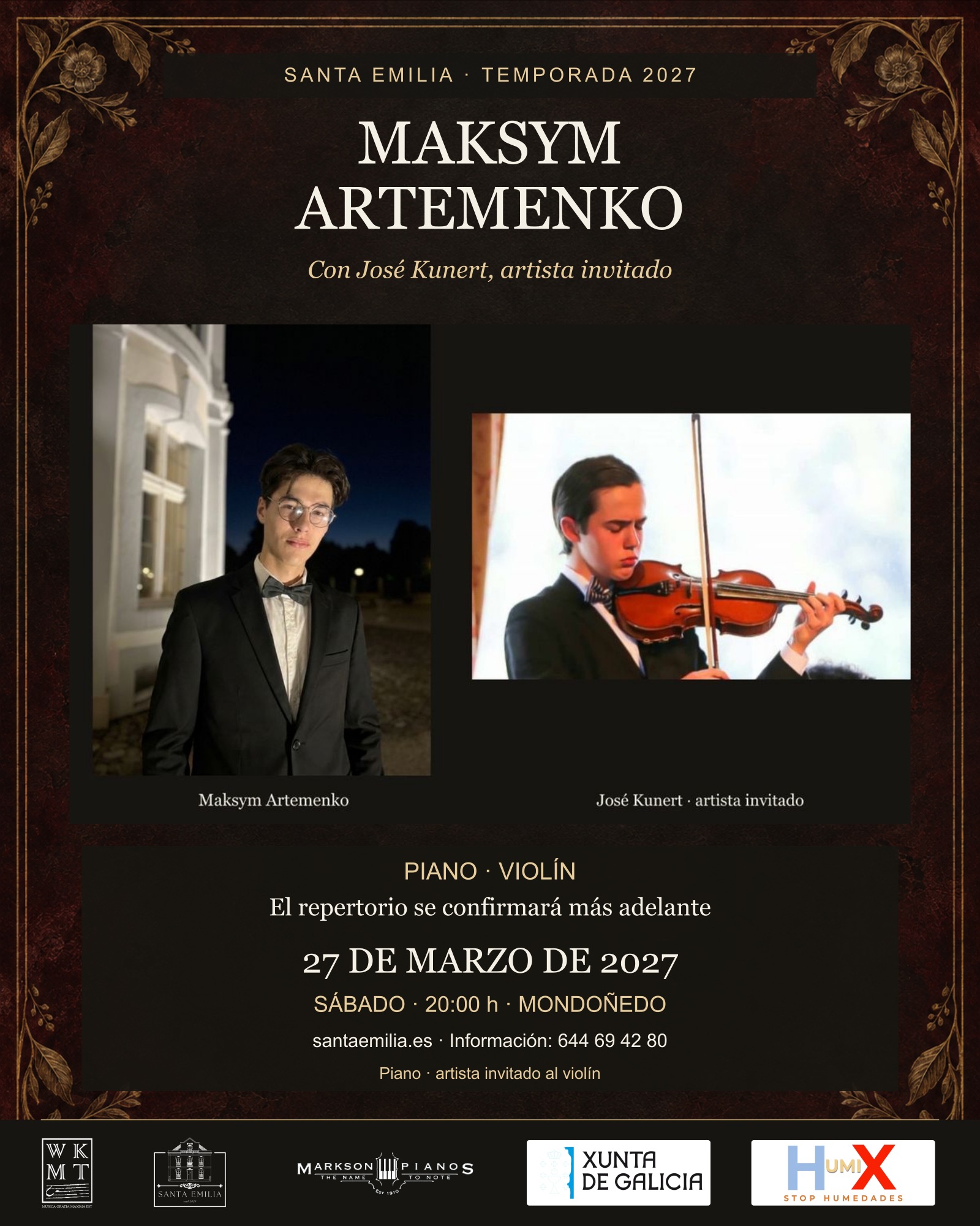 Maksym Artemenko — Con José Kunert, artista invitado. Santa Emilia, 27 de marzo de 2027, 20:00 h.