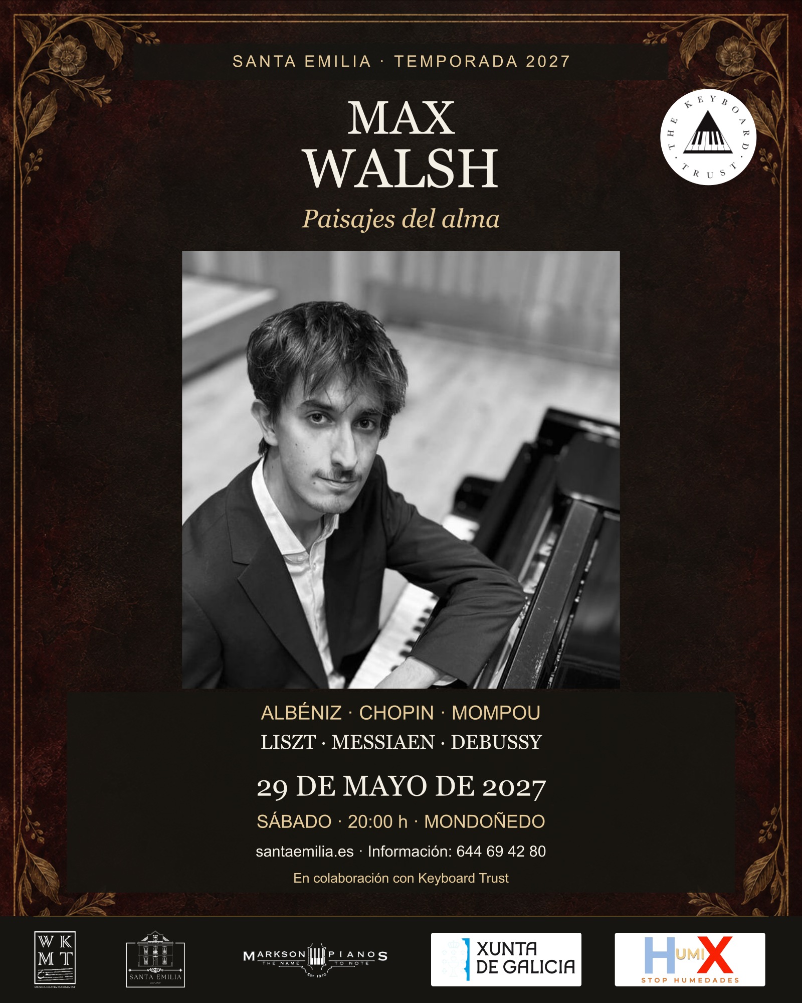 Max Walsh — Paisajes del alma. 29 de mayo de 2027, 20:00. Cartel con sello oficial Keyboard Trust.