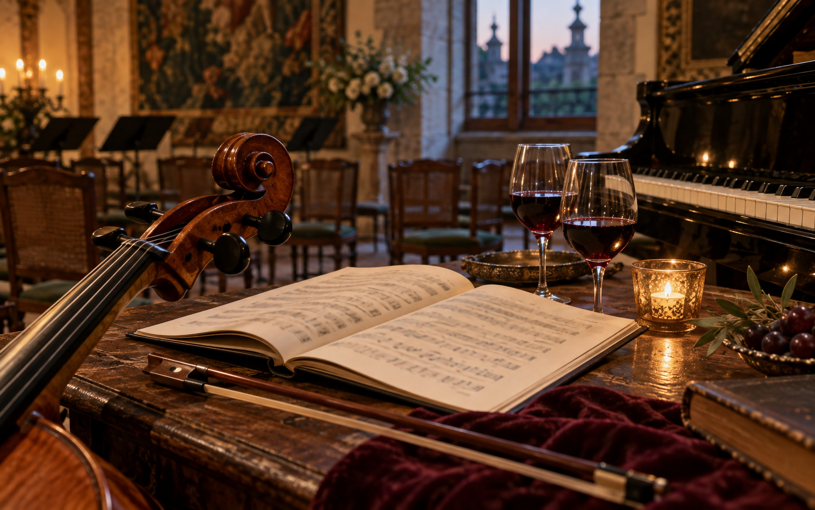 Partitura, instrumentos y piano antes de un concierto de camara