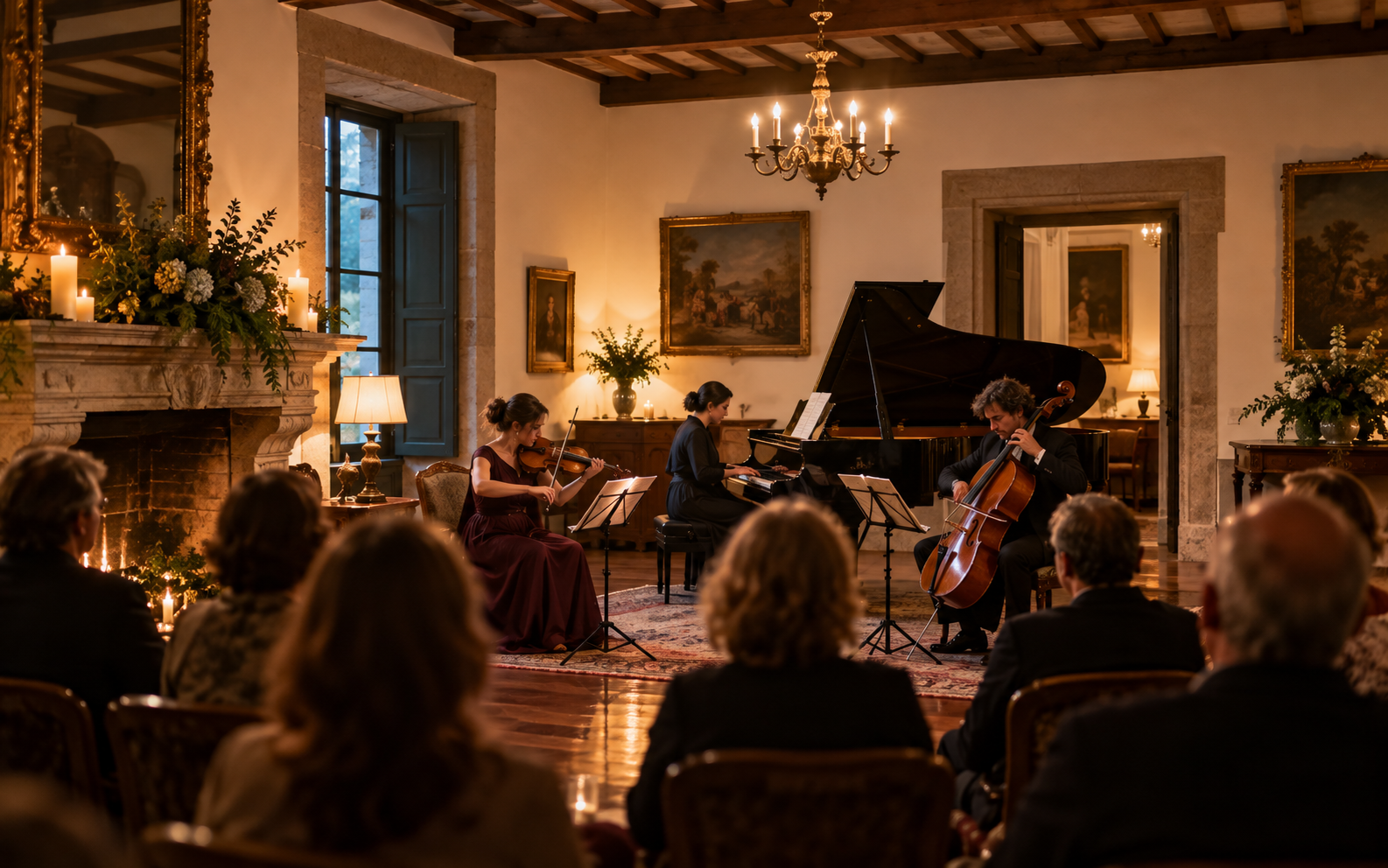 Trio con piano tocando para un publico cercano en una sala historica