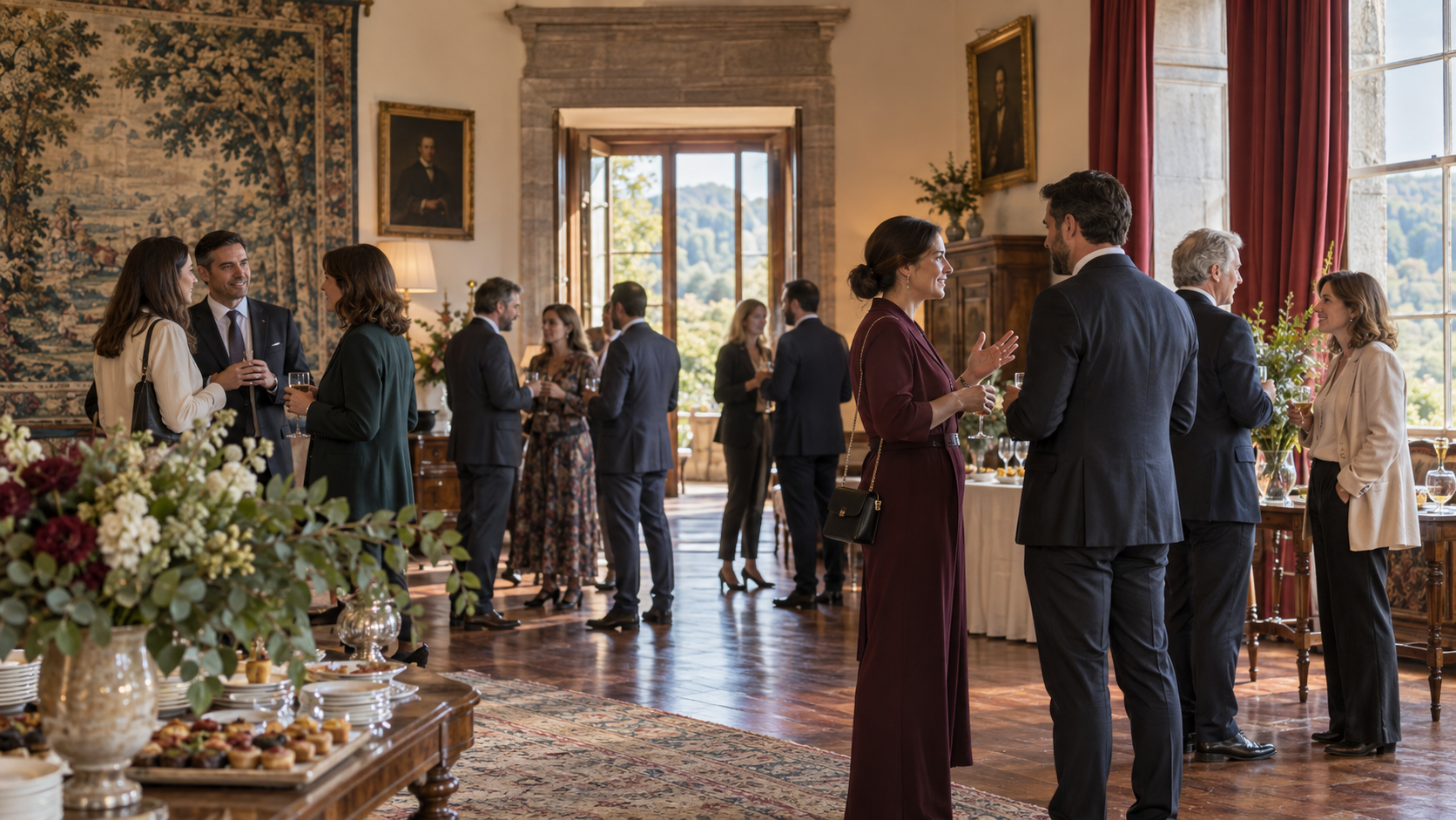 Recepción de networking empresarial en un salón histórico gallego