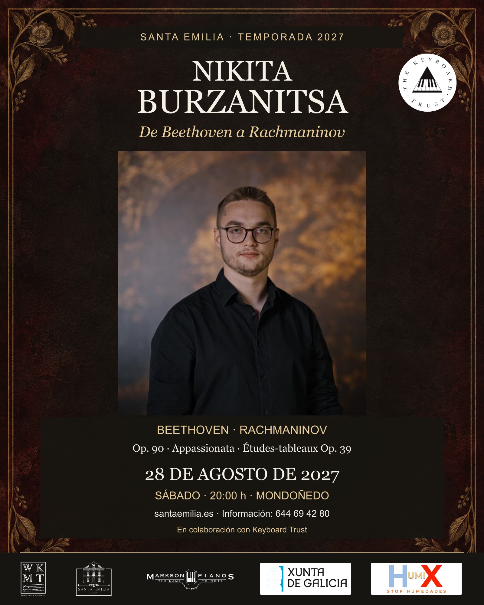Nikita Burzanitsa — De Beethoven a Rachmaninov. 28 de agosto de 2027, 20:00. Cartel con sello oficial Keyboard Trust.