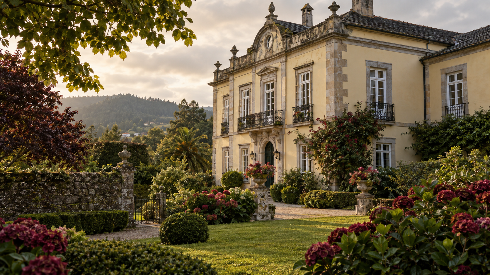 Palacete historico con jardin en Galicia al atardecer
