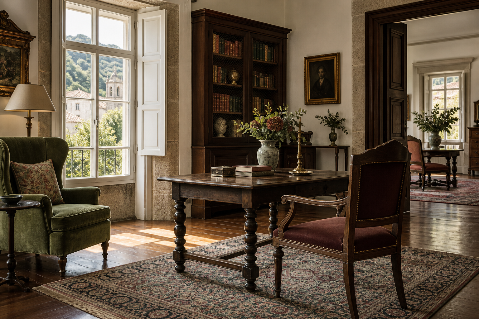 Salon historico restaurado con mesa de lectura y luz natural