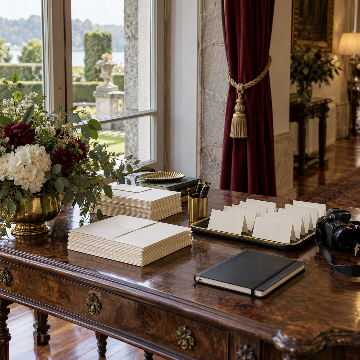 Mesa de recepción con materiales para invitados y prensa