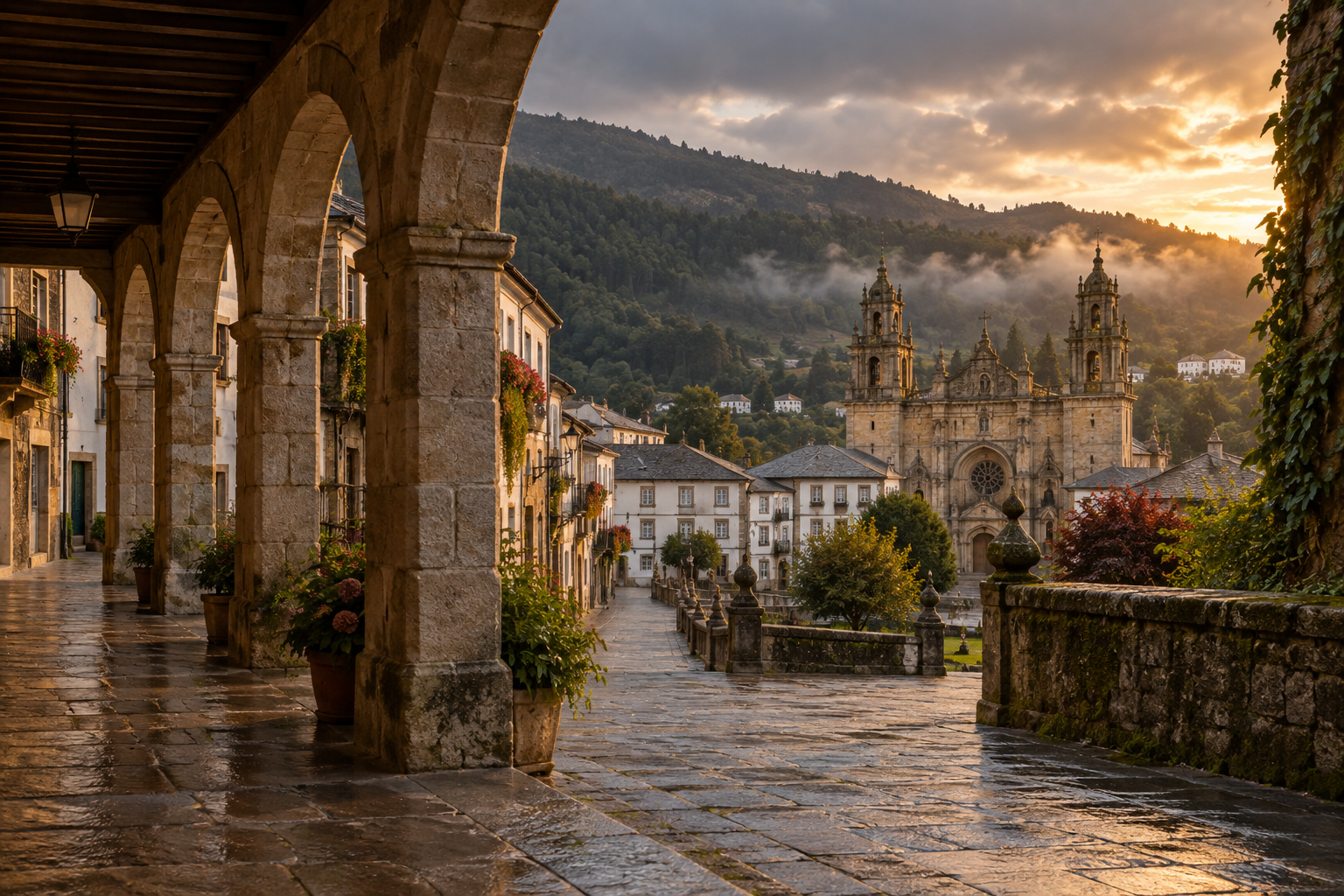 Vista patrimonial de Mondoñedo al atardecer