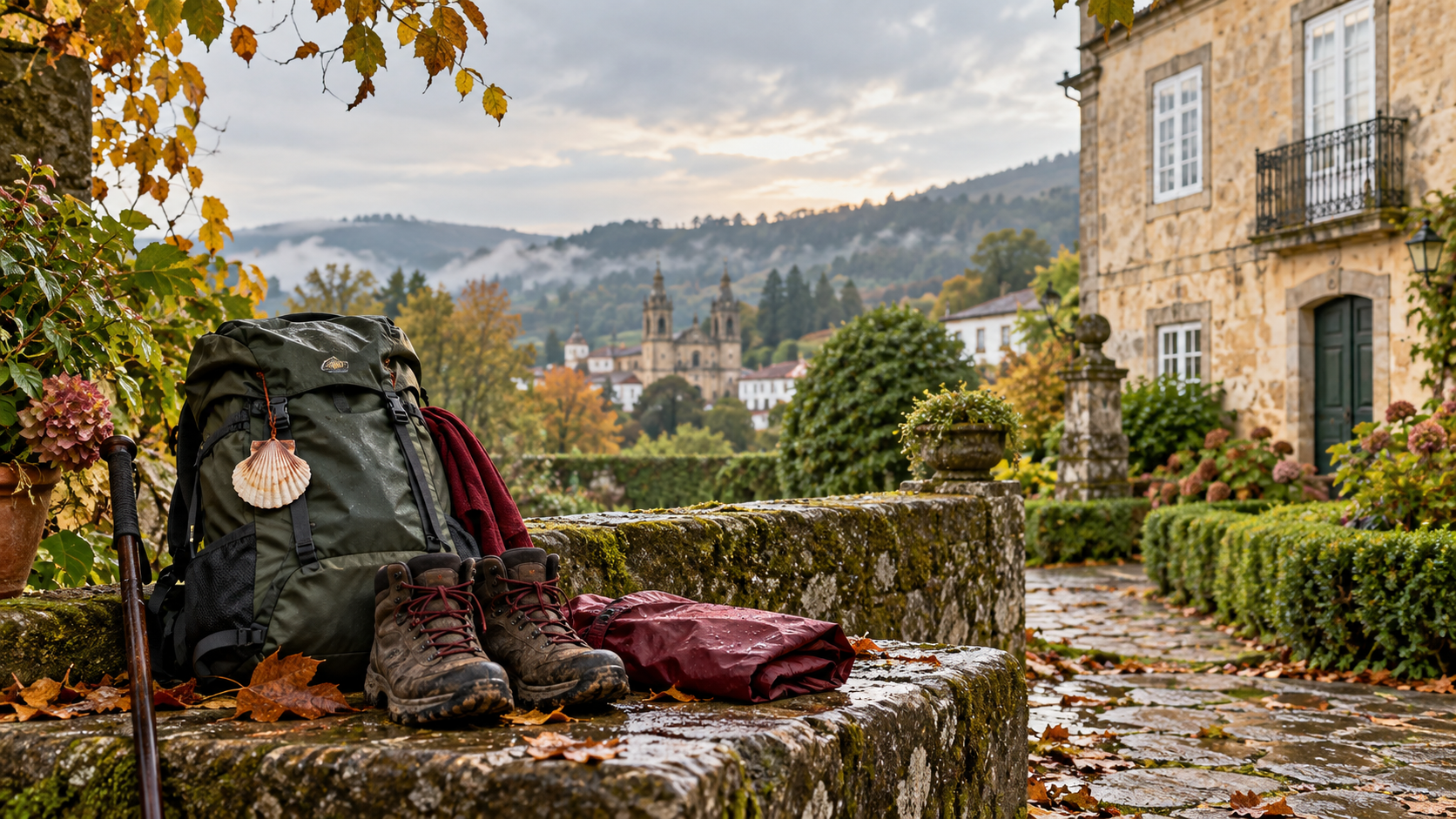 Mochila, botas y capa de lluvia preparadas para el Camino del Norte en otoño