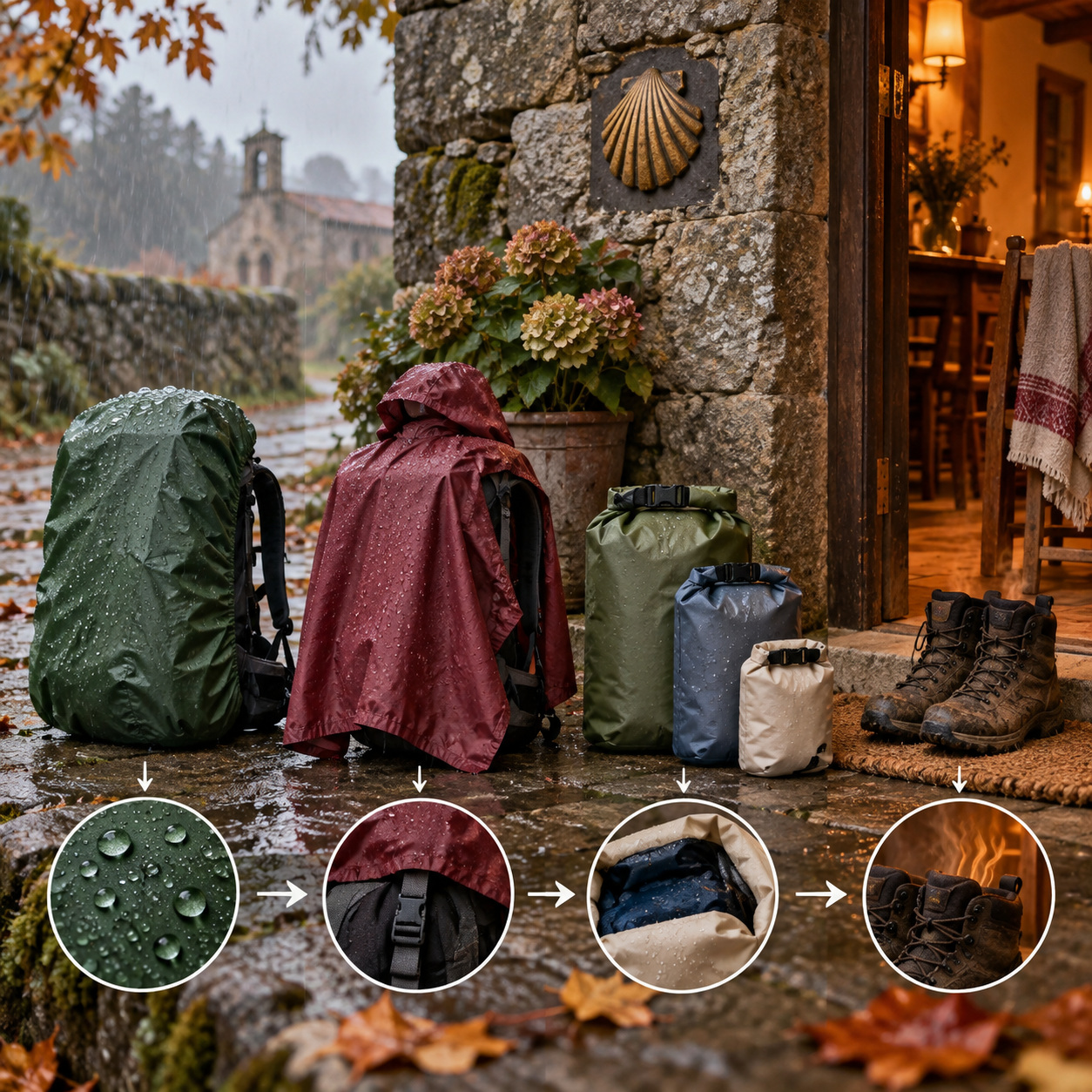 Mochila, poncho y bolsas secas preparados para lluvia gallega