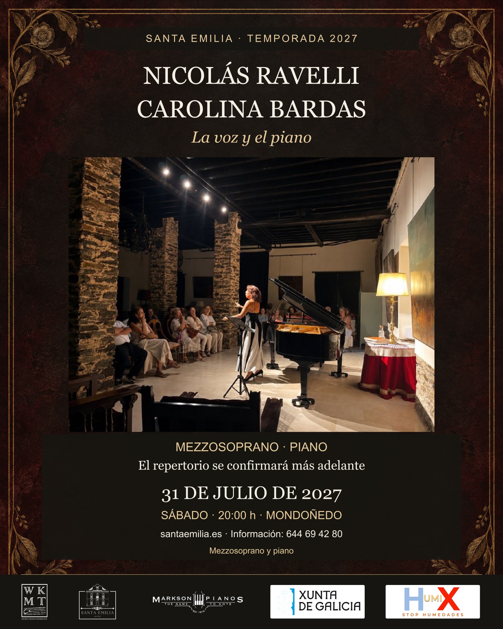 Nicolás Ravelli y Carolina Bardas — La voz y el piano. Santa Emilia, 31 de julio de 2027, 20:00 h.