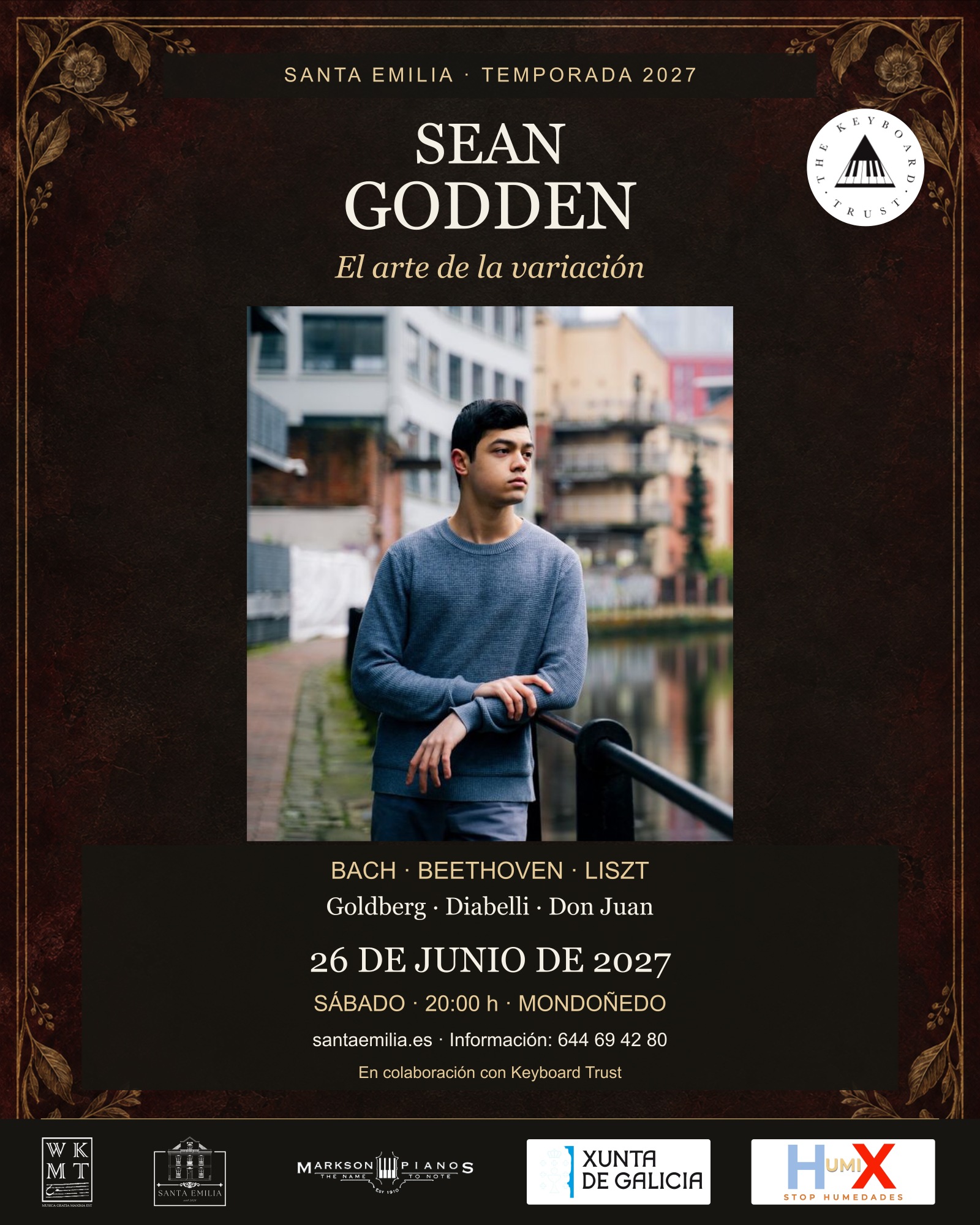 Sean Godden — El arte de la variación. 26 de junio de 2027, 20:00. Cartel con sello oficial Keyboard Trust.