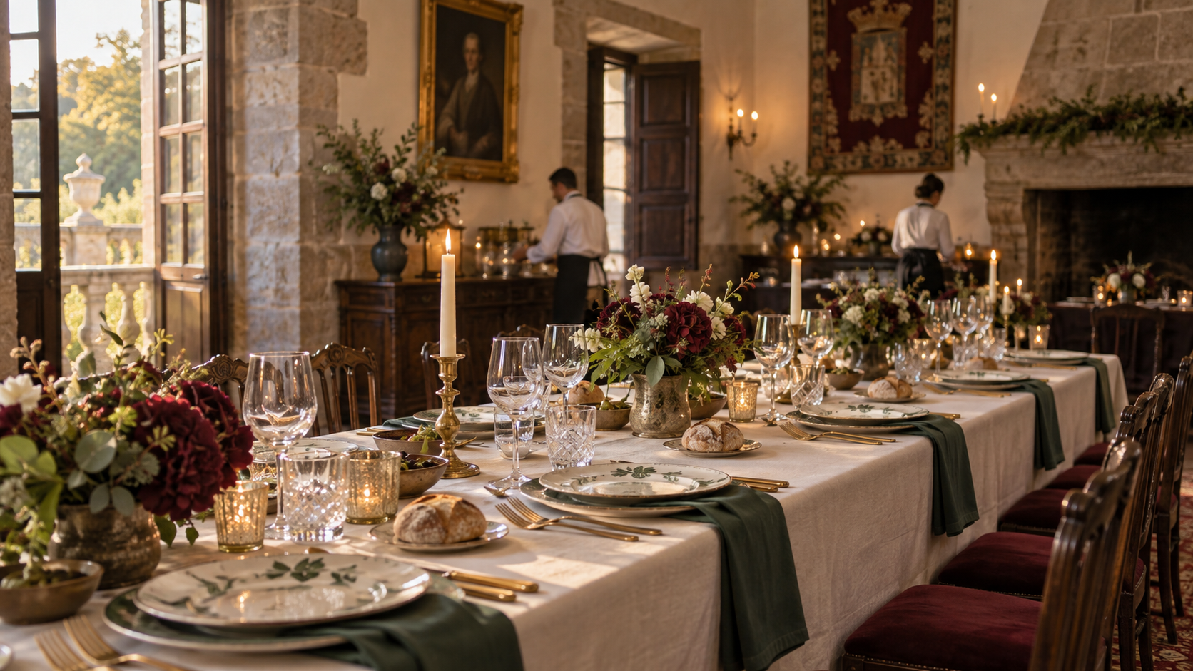 Mesa preparada para un servicio de catering en un palacete histórico