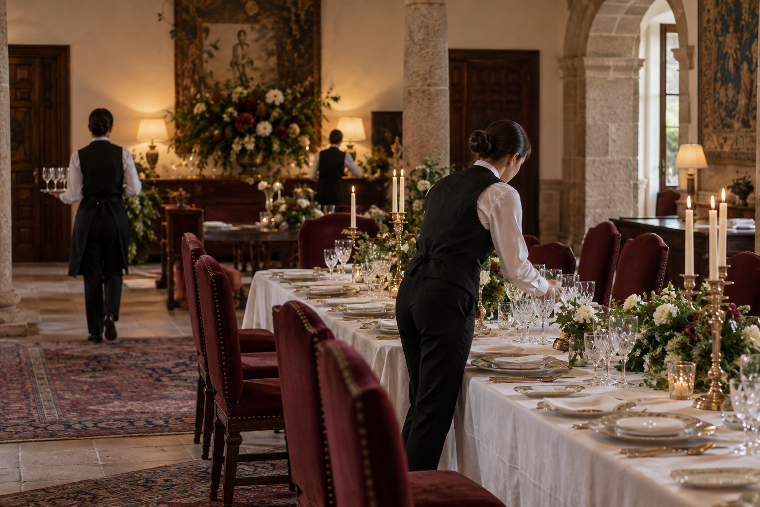 Equipo preparando mesa y cristalería antes de un evento en una sala histórica