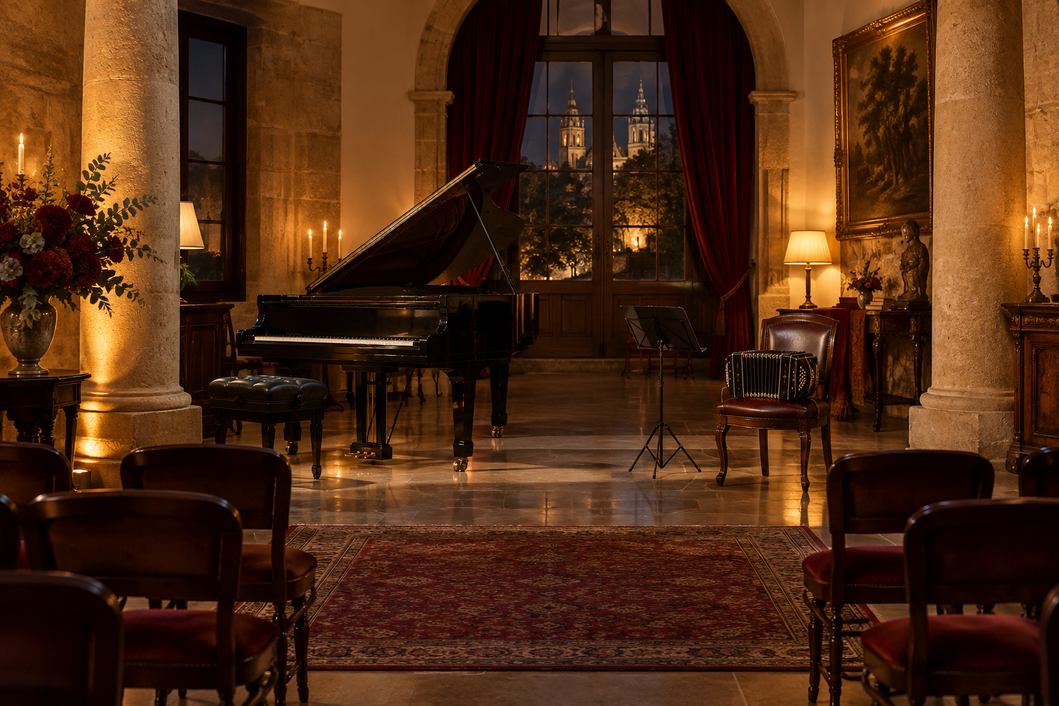 Salón histórico preparado para escuchar tango argentino en Santa Emilia