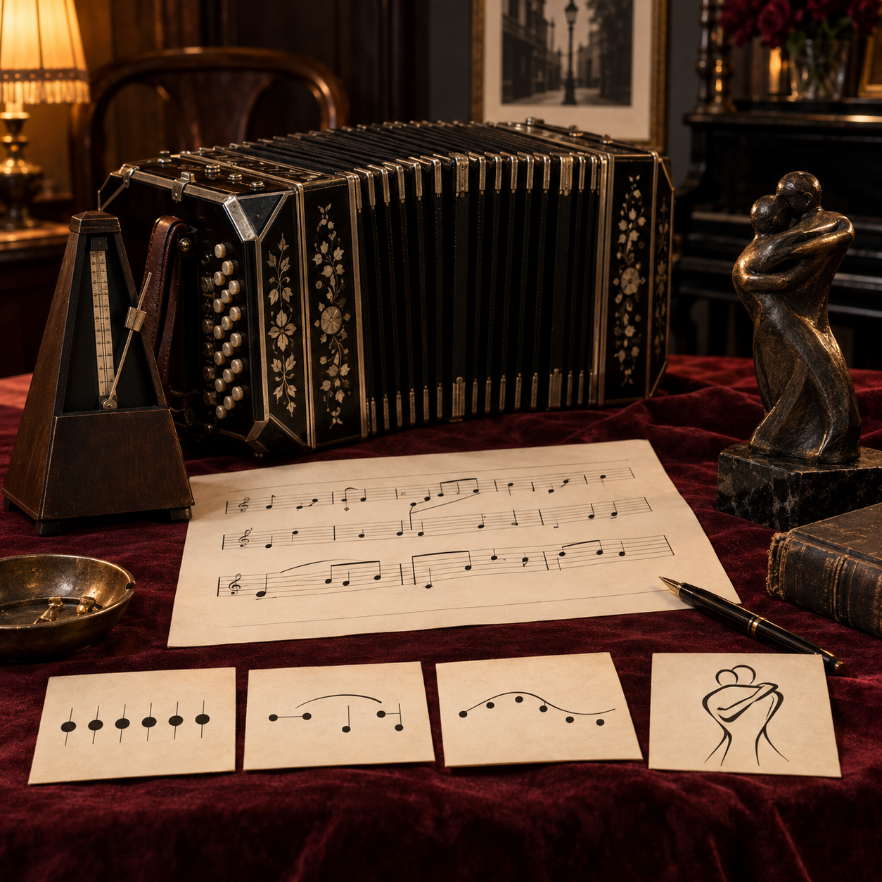 Bandoneón, partitura y marcas de ritmo sobre una mesa de terciopelo