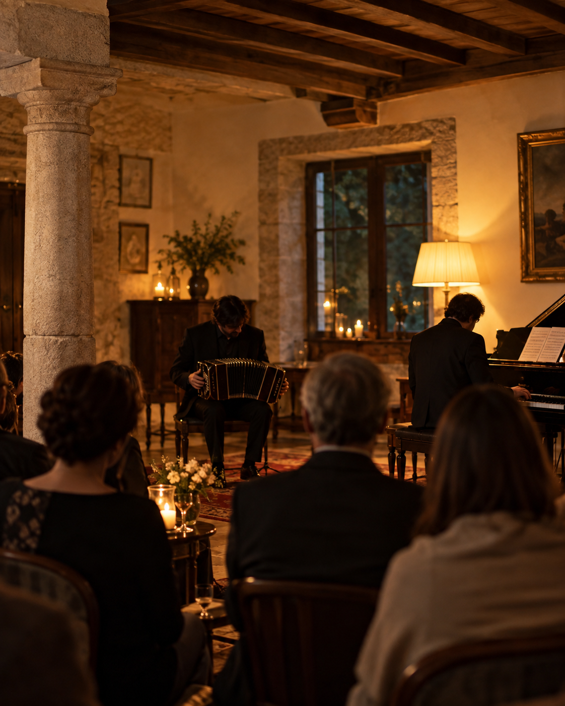 Público escuchando un concierto íntimo de tango en una sala histórica