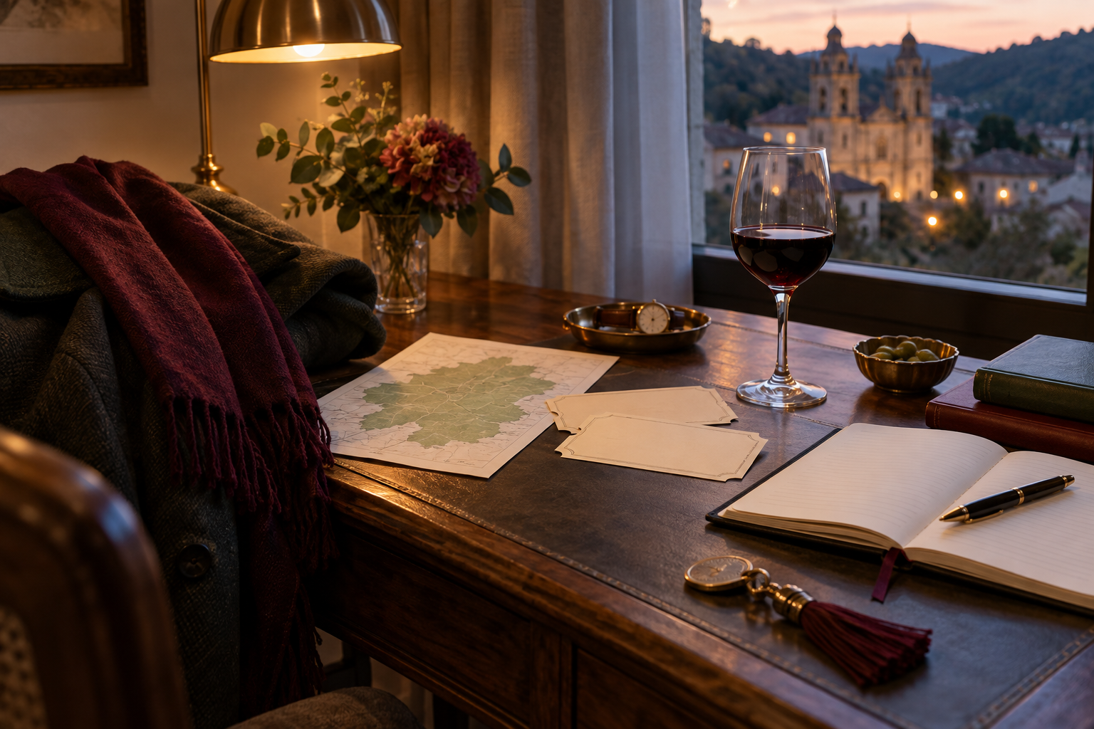 Mesa con mapa, libreta y copa antes de una noche cultural en Mondoñedo