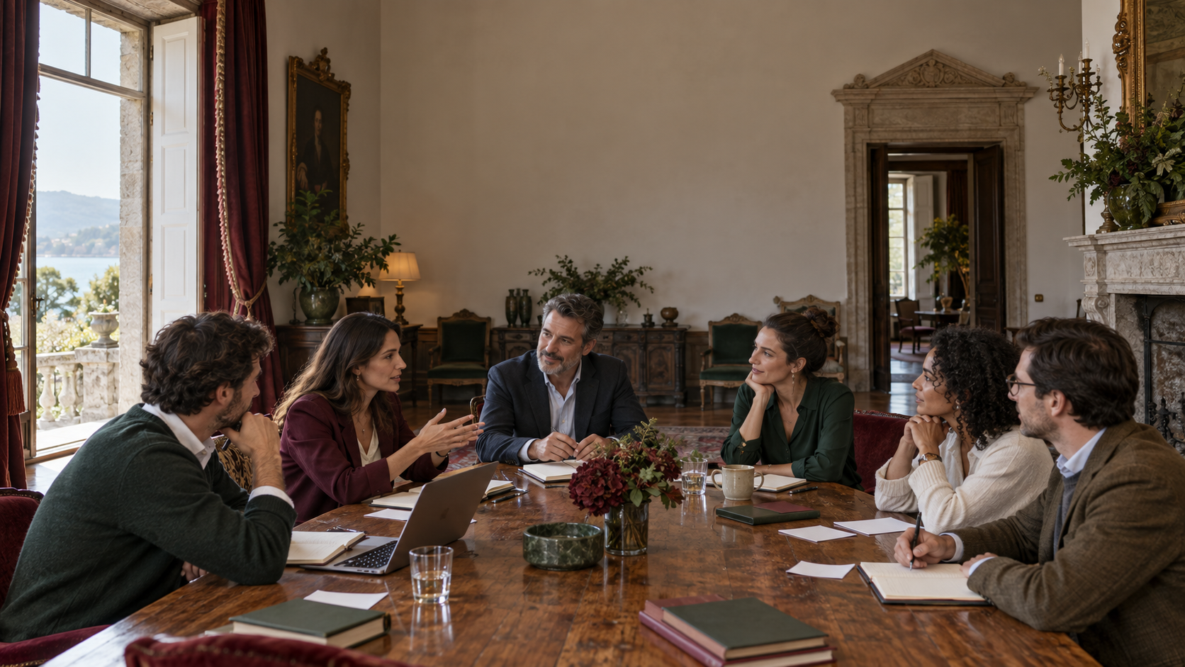 Equipo conversando alrededor de una mesa en un salón histórico de Galicia