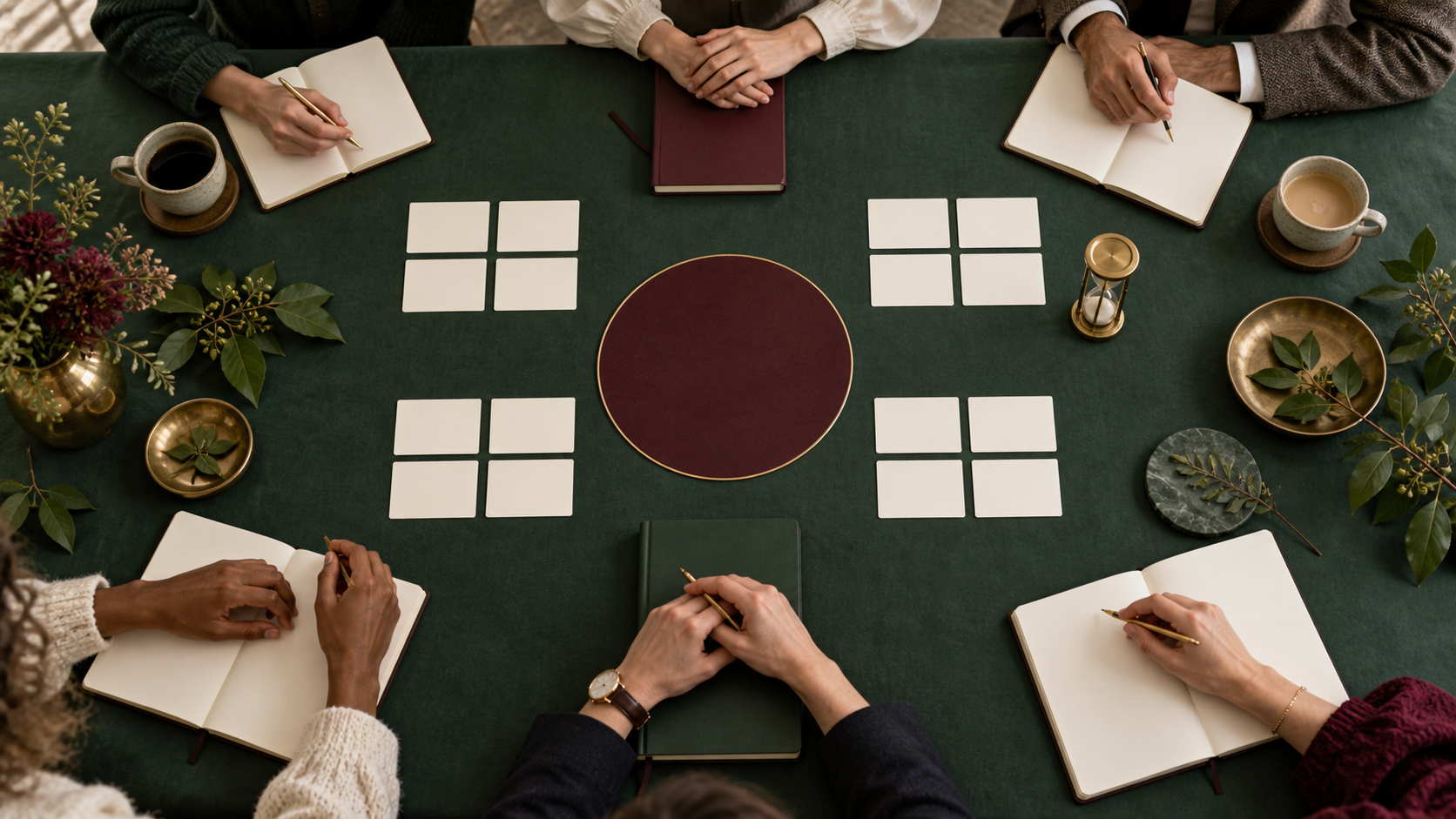 Mesa de trabajo con tarjetas en blanco organizada para una dinámica de equipo