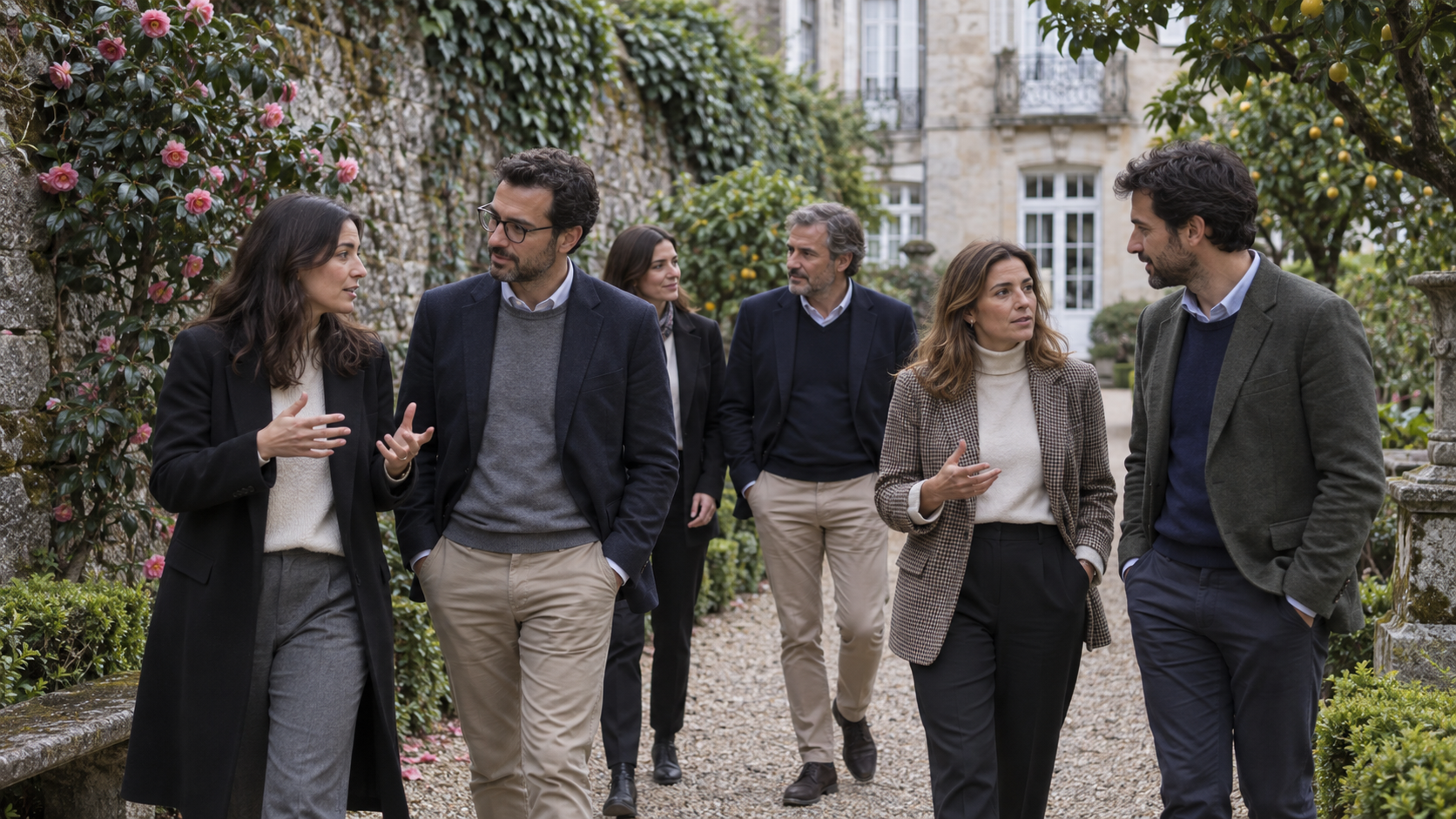 Grupo profesional conversando mientras camina por un jardín histórico