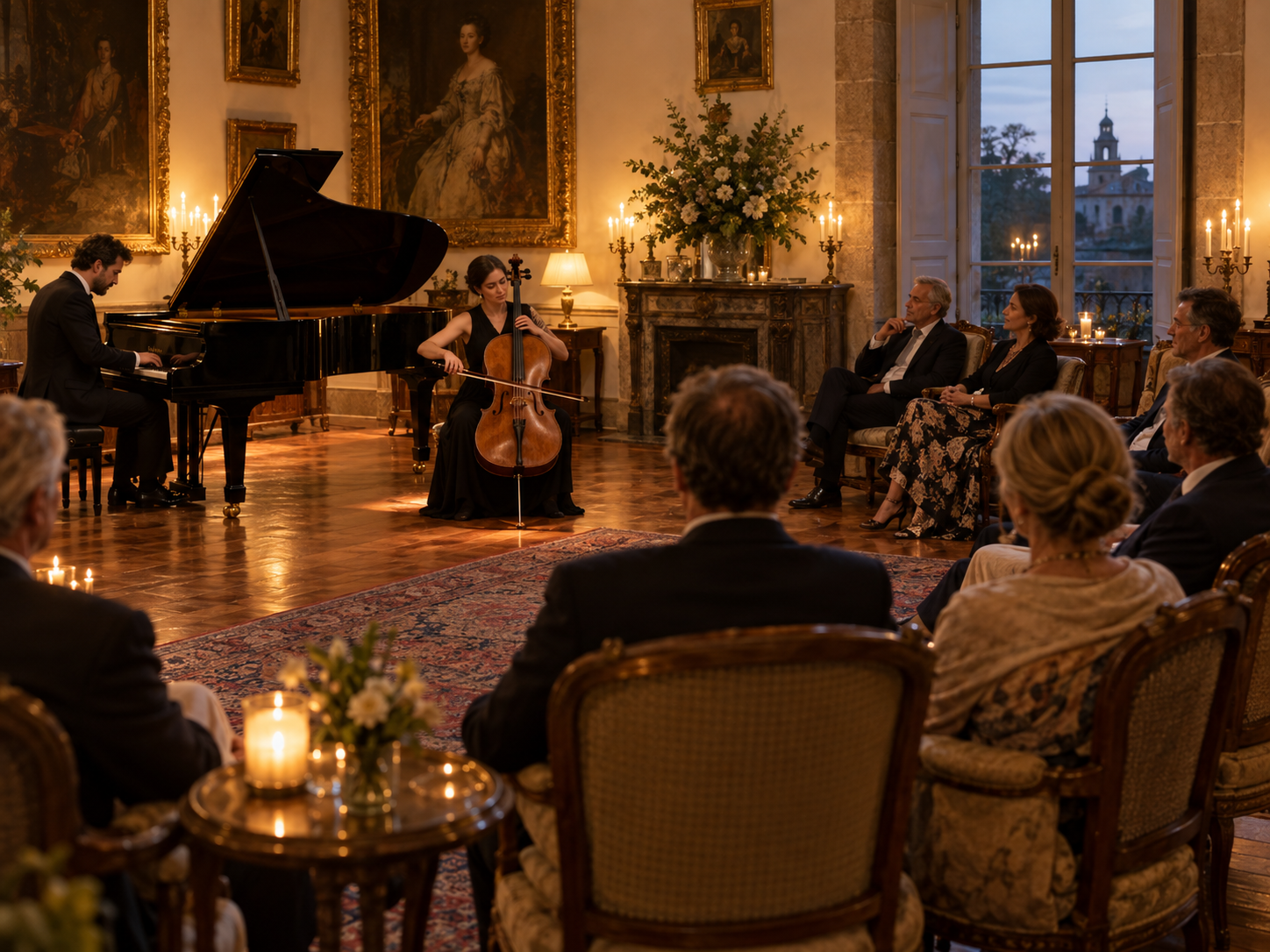 Grupo escuchando música en un salón histórico durante una estancia de incentivo