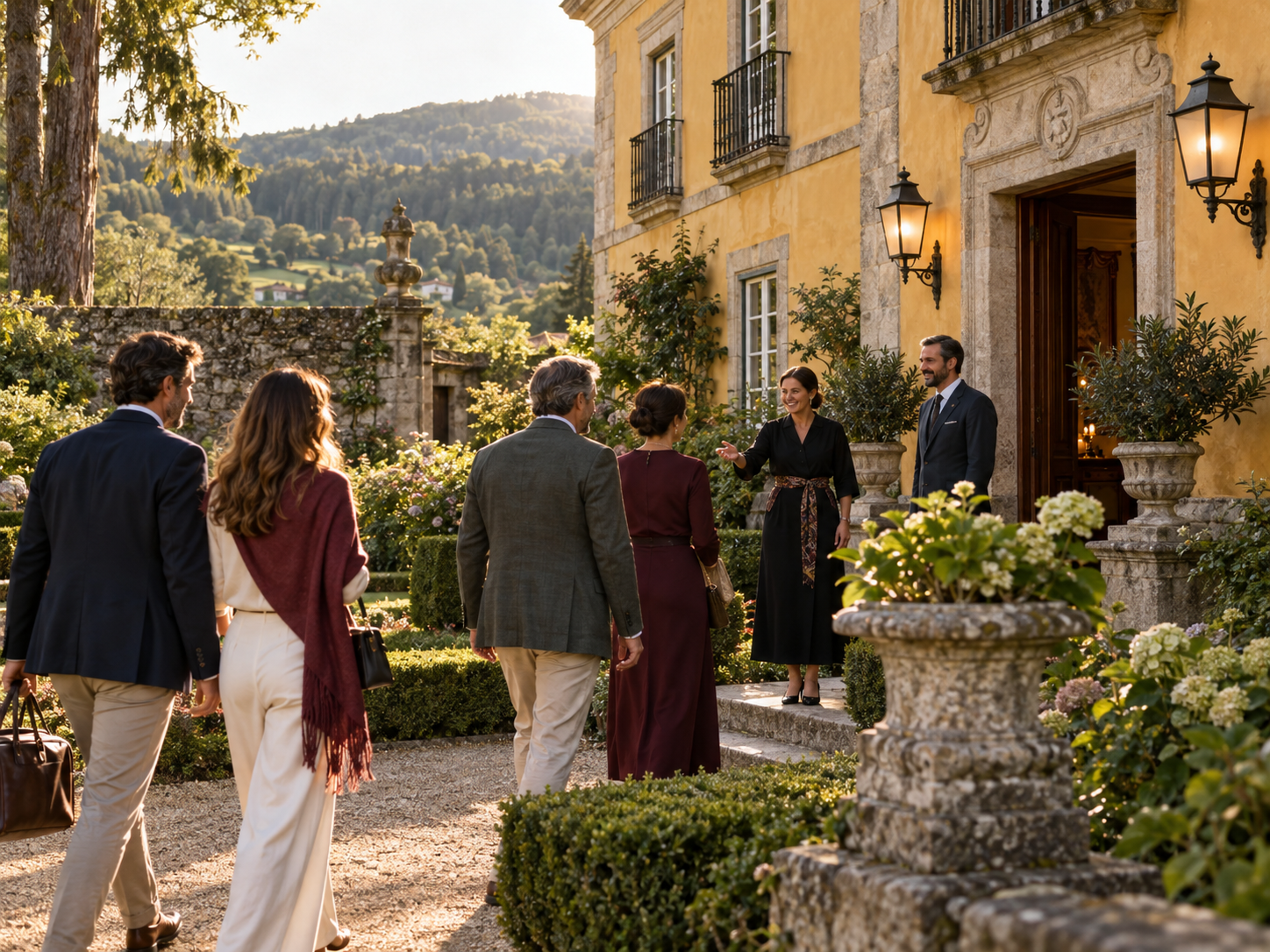 Grupo llegando al jardín y fachada de un palacete histórico para una experiencia corporativa