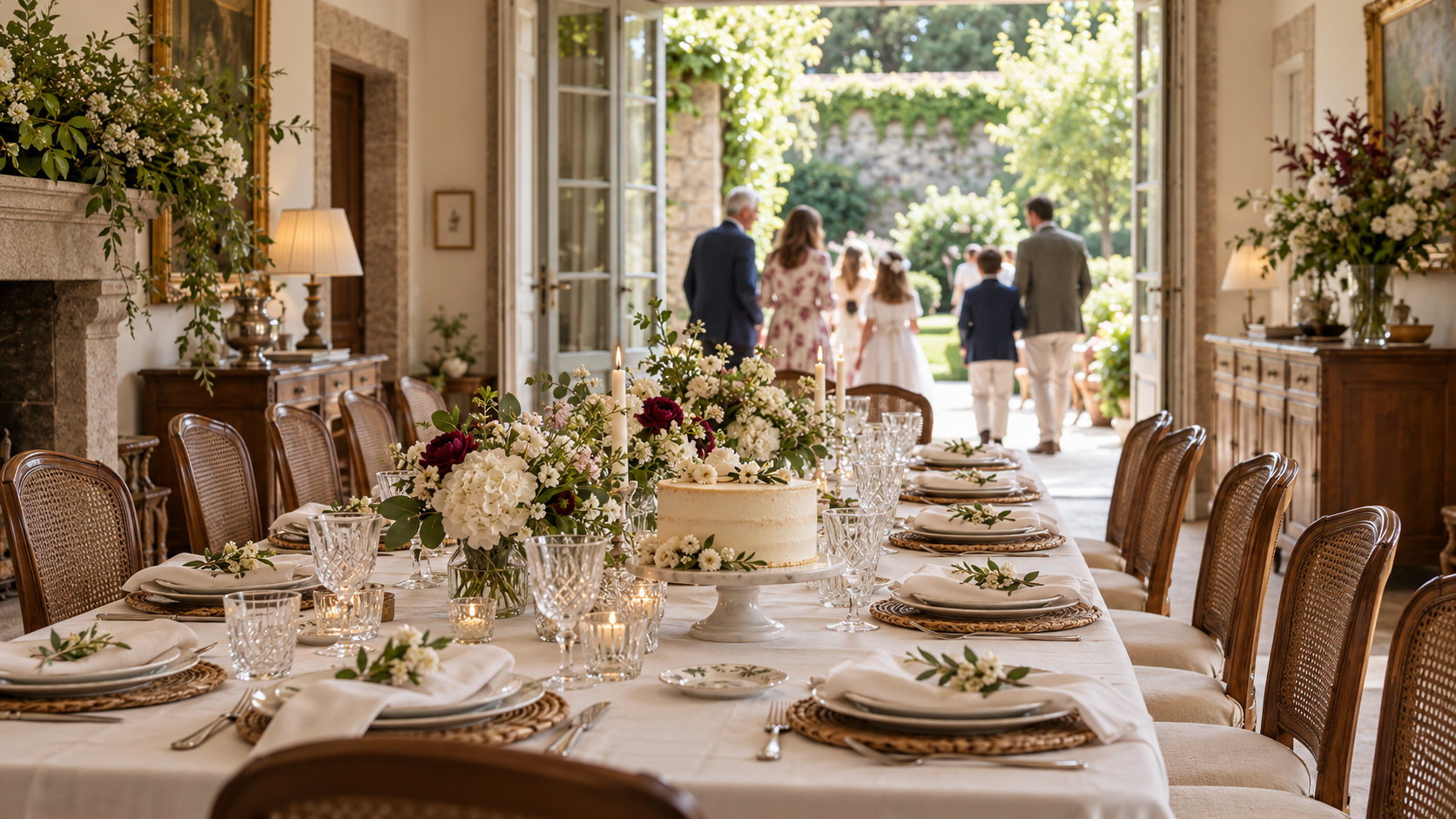 Mesa familiar preparada ante un jardín para una celebración de comunión