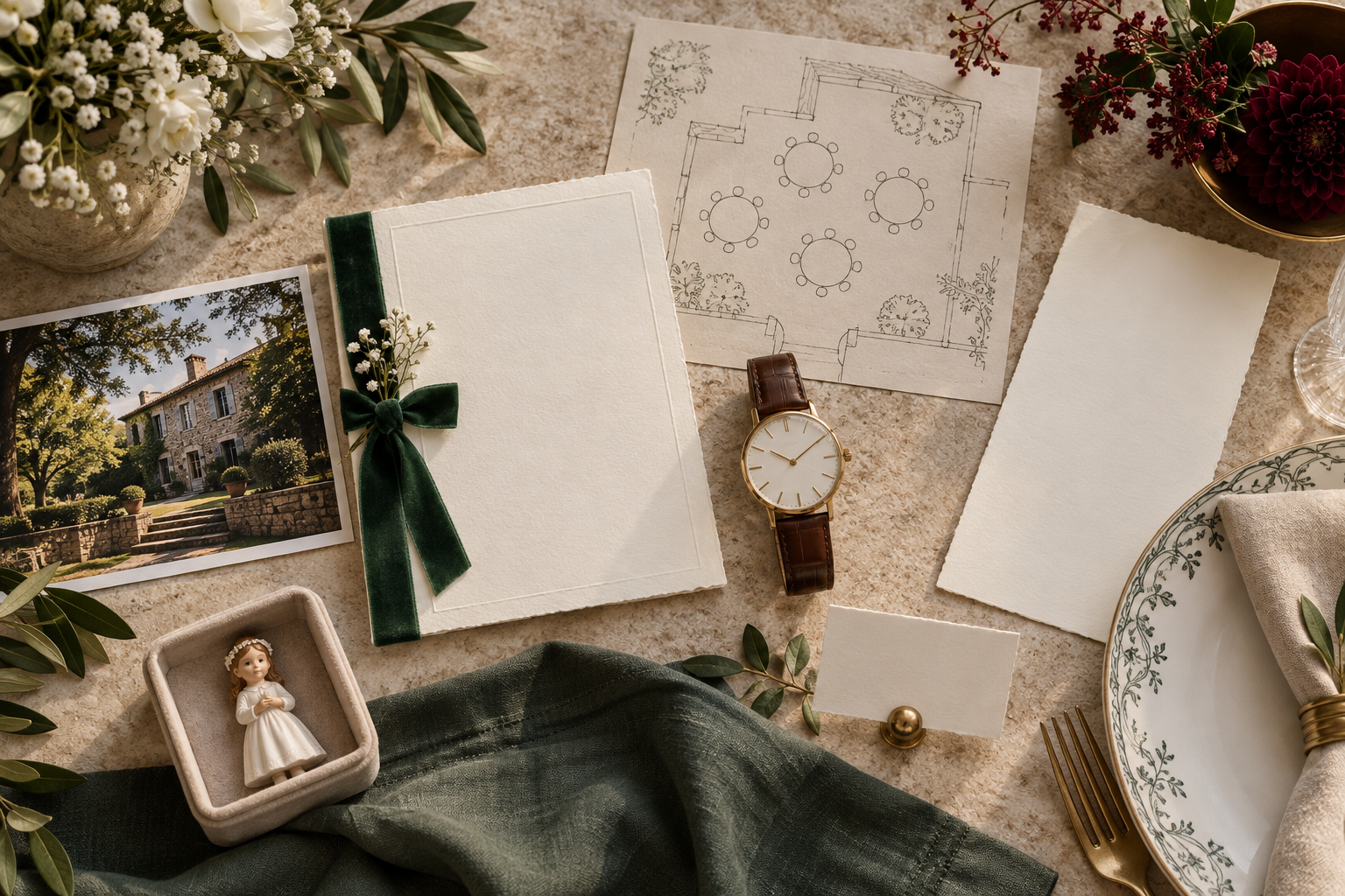Papelería, reloj y plano de mesas para ordenar los tiempos de una comunión