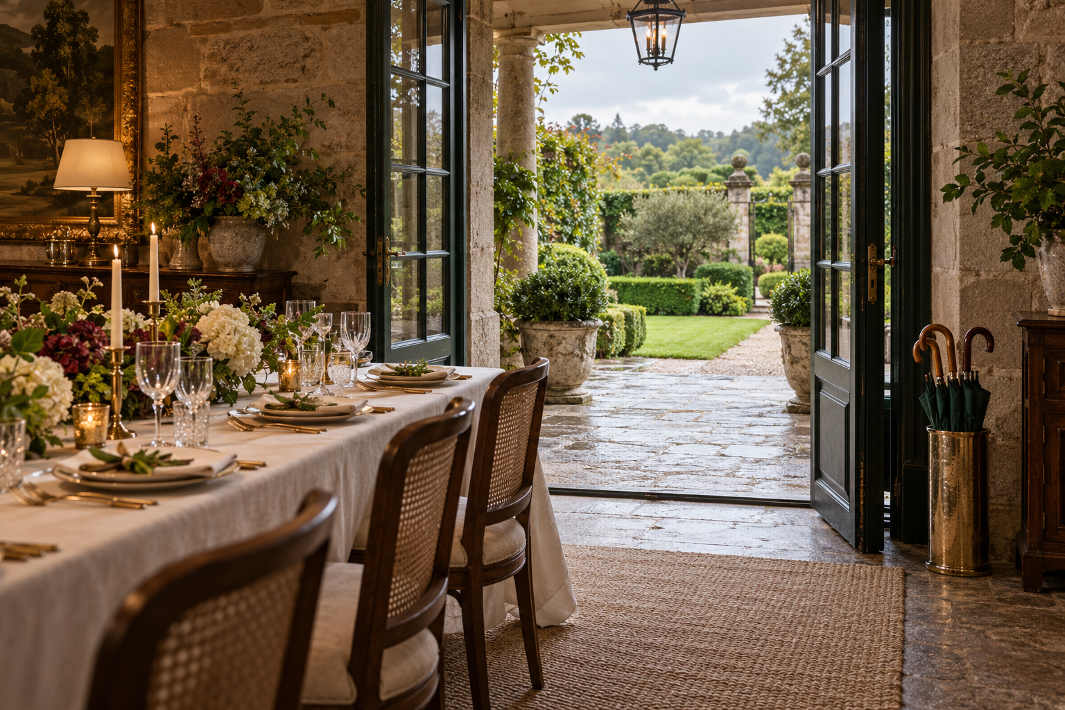 Comedor histórico conectado con un jardín mediante puertas abiertas