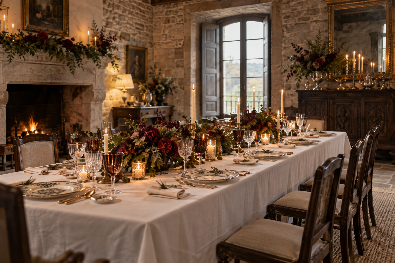 Mesa larga preparada con flores y velas en un salón histórico de Santa Emilia